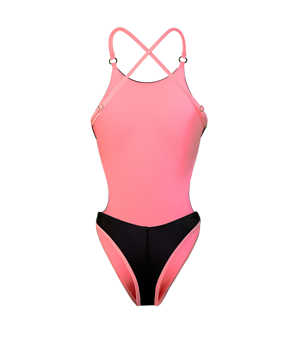Back of the one-piece swimsuit in dark grey color with soft pink lining and straps. Features a cross-back strap design with gold hardware and open back.