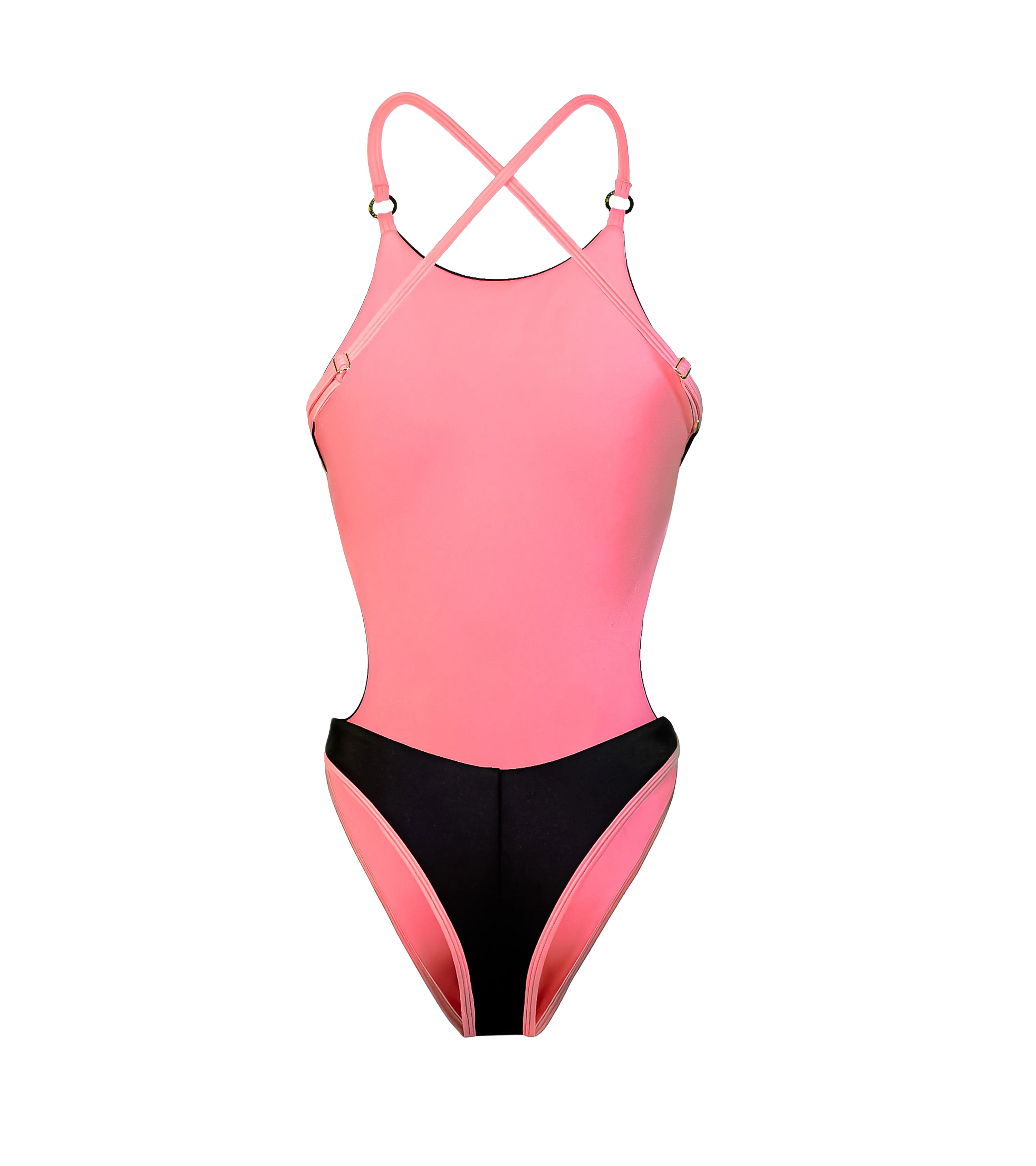 Back of the one-piece swimsuit in dark grey color with soft pink lining and straps. Features a cross-back strap design with gold hardware and open back.