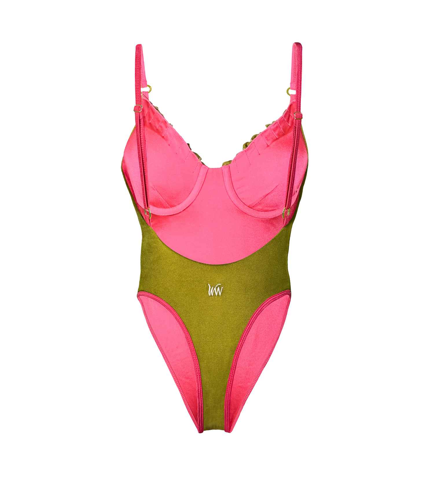 A olive green one-piece swimsuit with bright pink lining and straps. The  adjustable straps of swimwear have gold hardware.The swimsuit has a high-cut leg design  and a WW white logo on lower back.