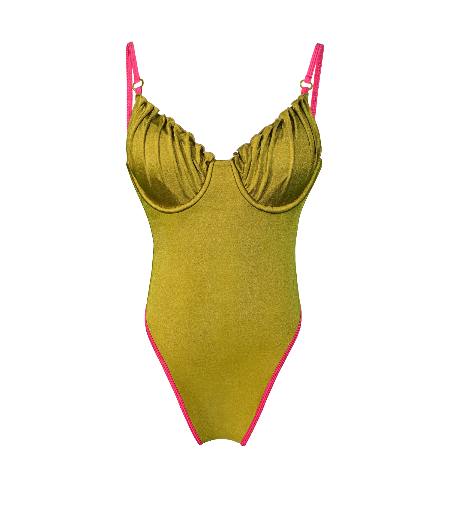 A one-piece swimsuit in an absinthe green color with pink adjustable straps and trim. The bikini has ruched detailing on the underwire cups, and a high-cut leg design with gold Wealthywet hardware.