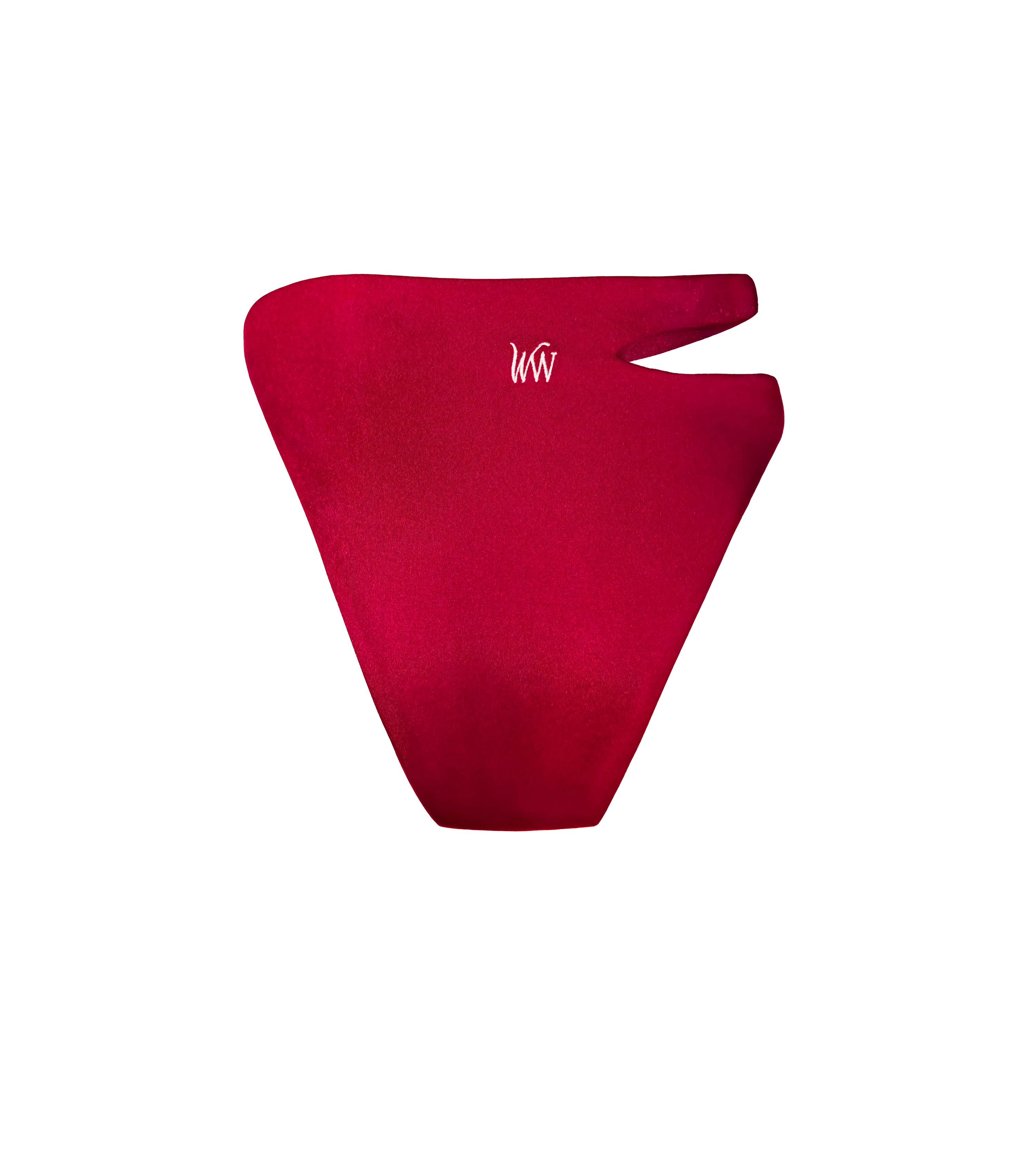 An asymmetric high waisted bright bordeaux swimwear bottoms with white WW logo on it. Back view.