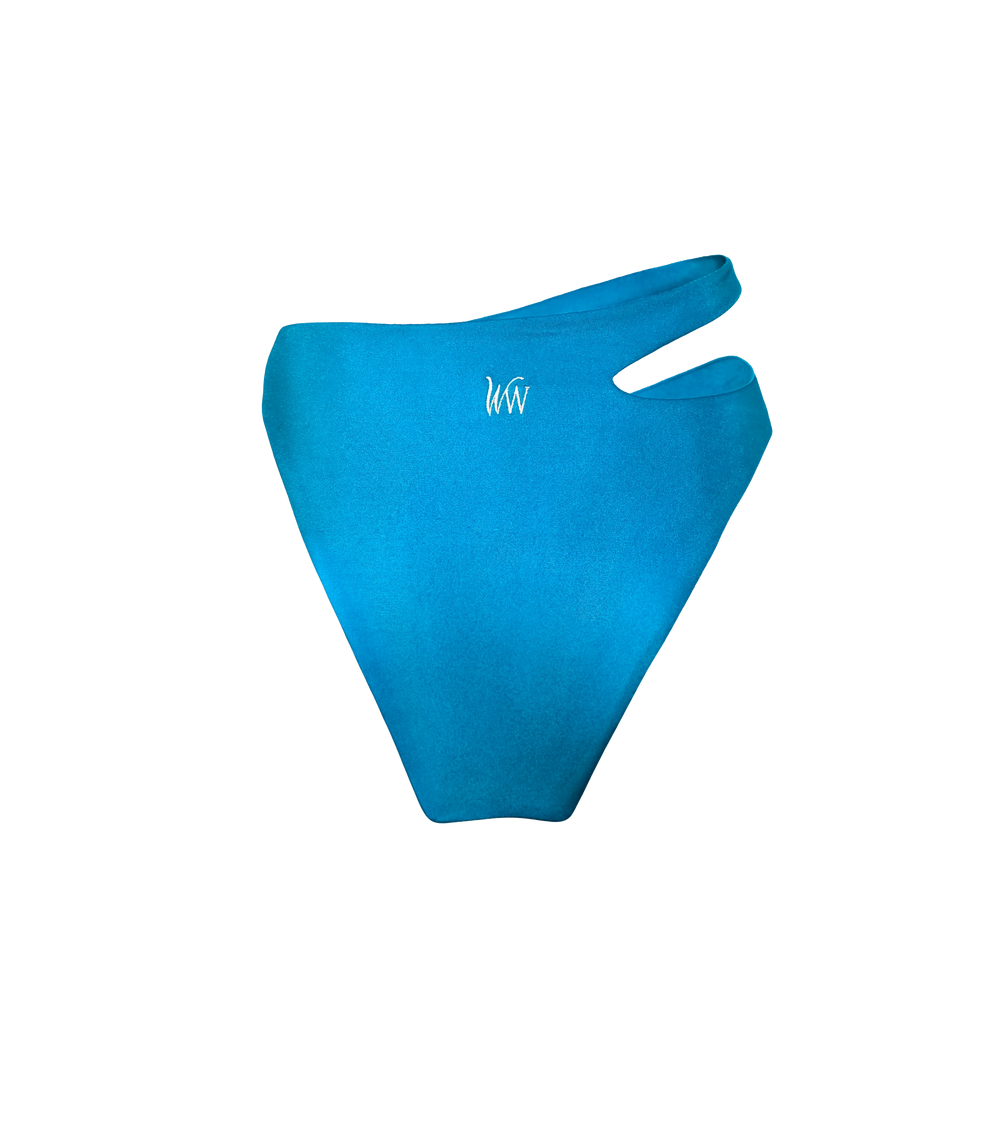 A bright blue high waisted swimwear bottom, view from the back. The bikini has a white WW logo.