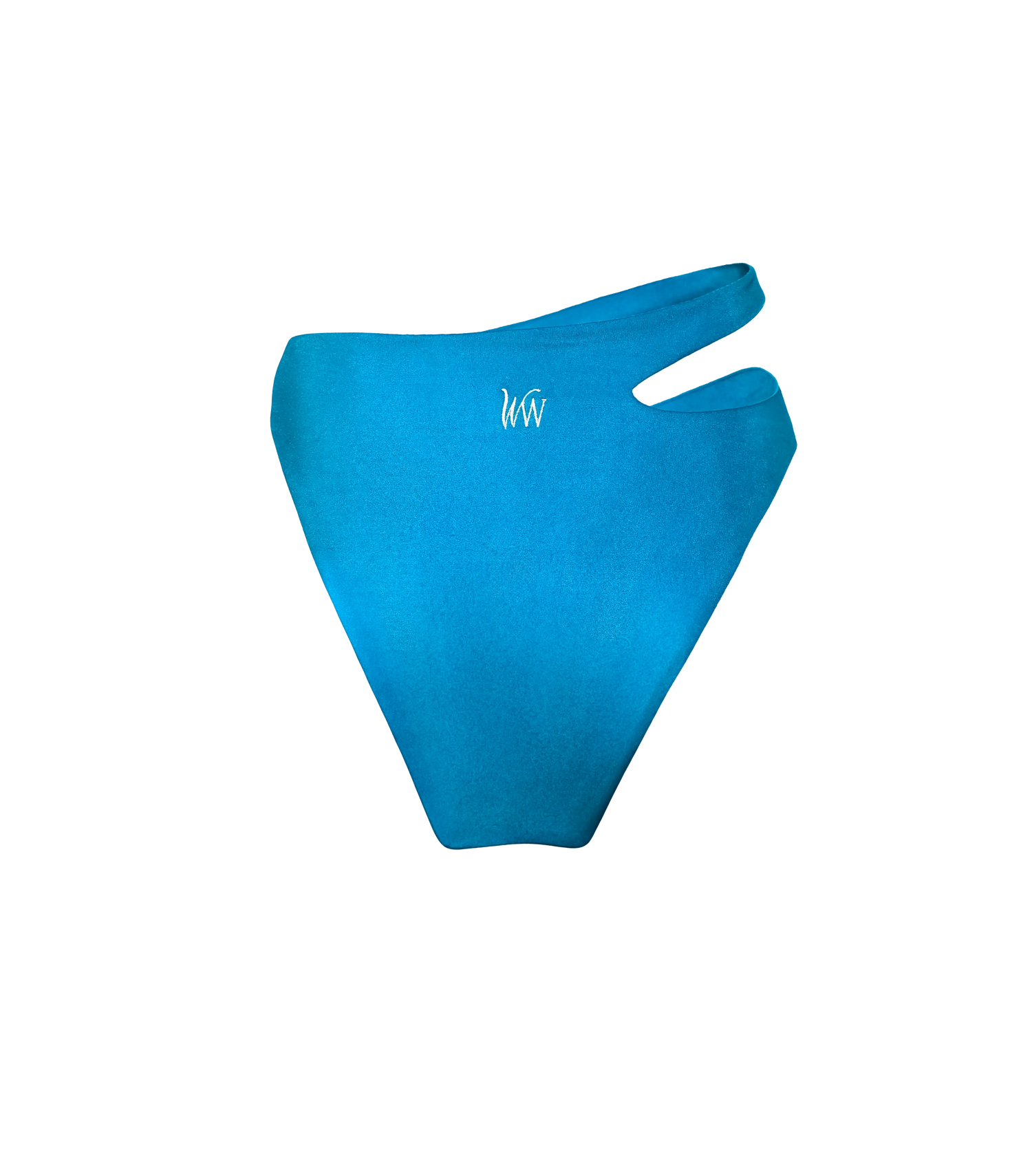 A bright blue high waisted swimwear bottom, view from the back. The bikini has a white WW logo.