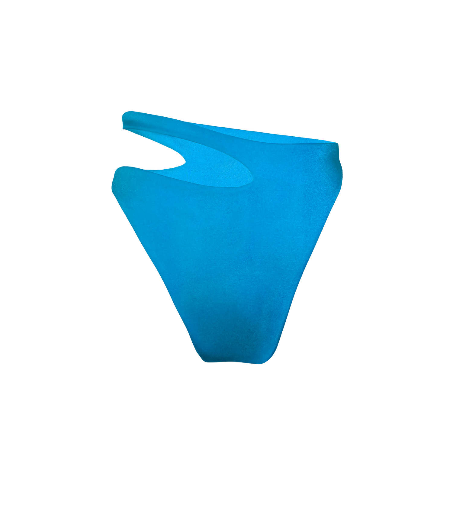 An asymmetric high waisted design bright blue swimwear bottom.