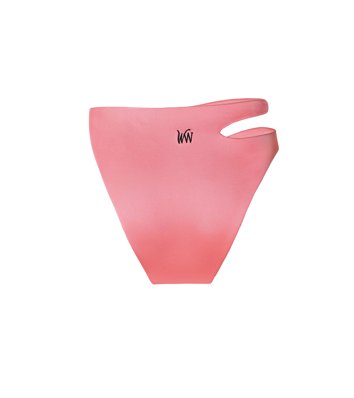 An asymmetric high waisted bright orange-pink swimwear bottom with black WW logo on the back.