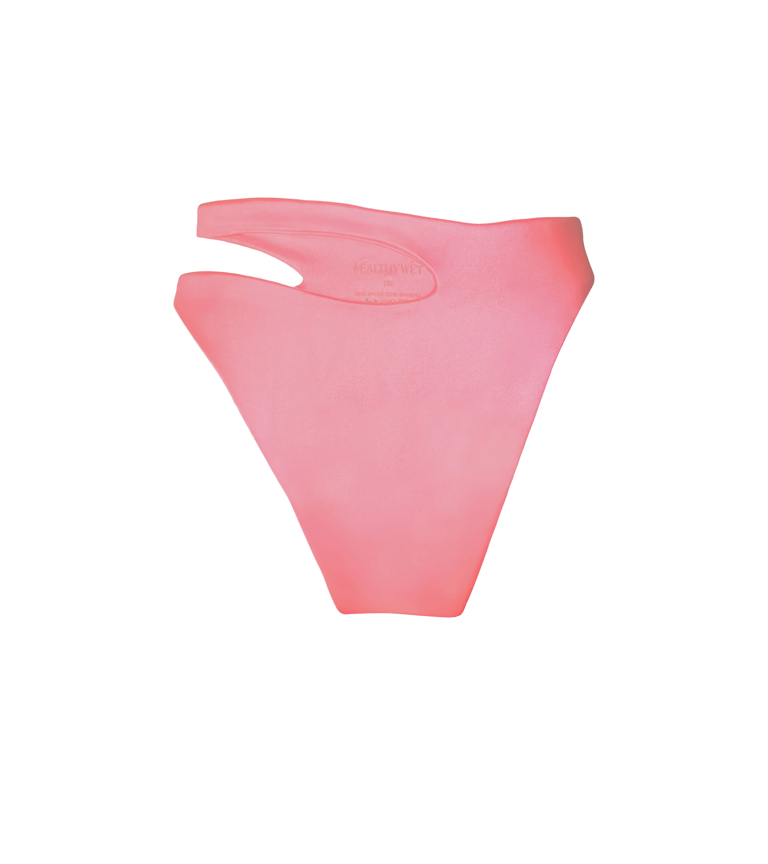 An asymmetrical bright orange-pink high waisted swimwear bottom.
