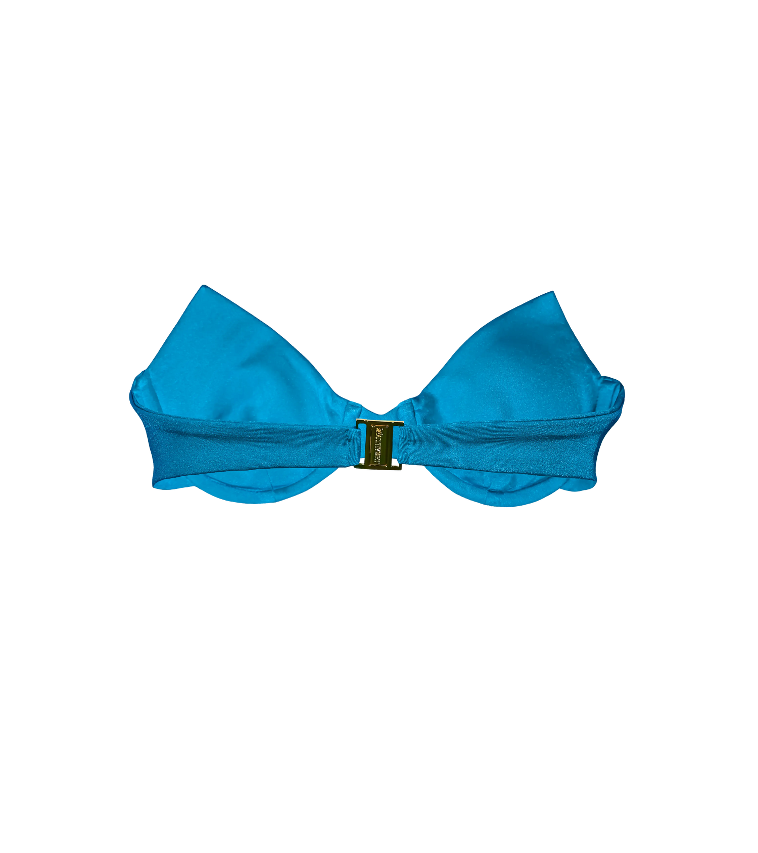 The back view of the vibrant blue underwire bikini top, featuring a gold Wealthywet branded clasp.