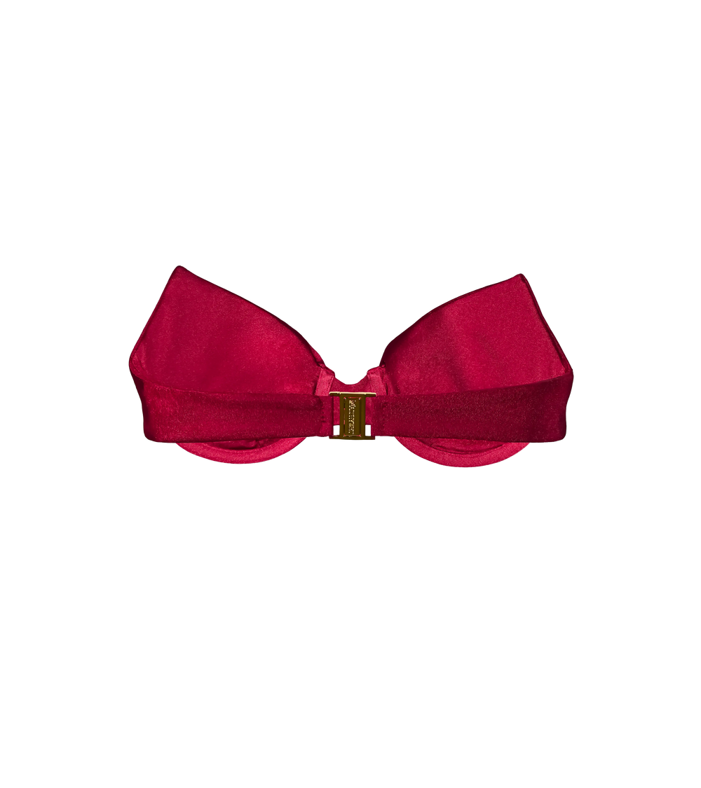 A bordeaux top swimwear top from the back. Swimwear has a gold branded Wealthywet clasp.