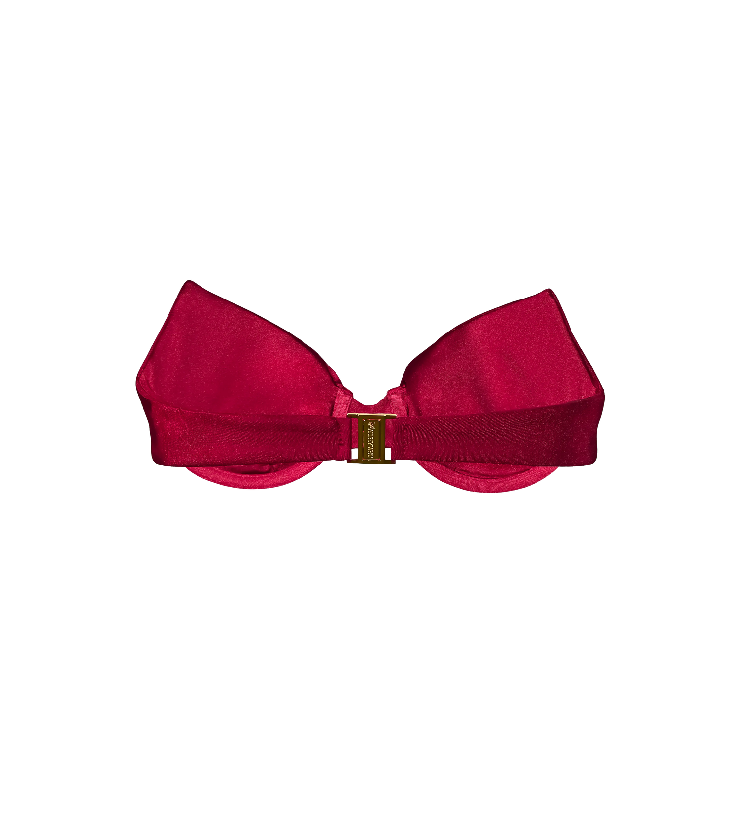 A bordeaux top swimwear top from the back. Swimwear has a gold branded Wealthywet clasp.