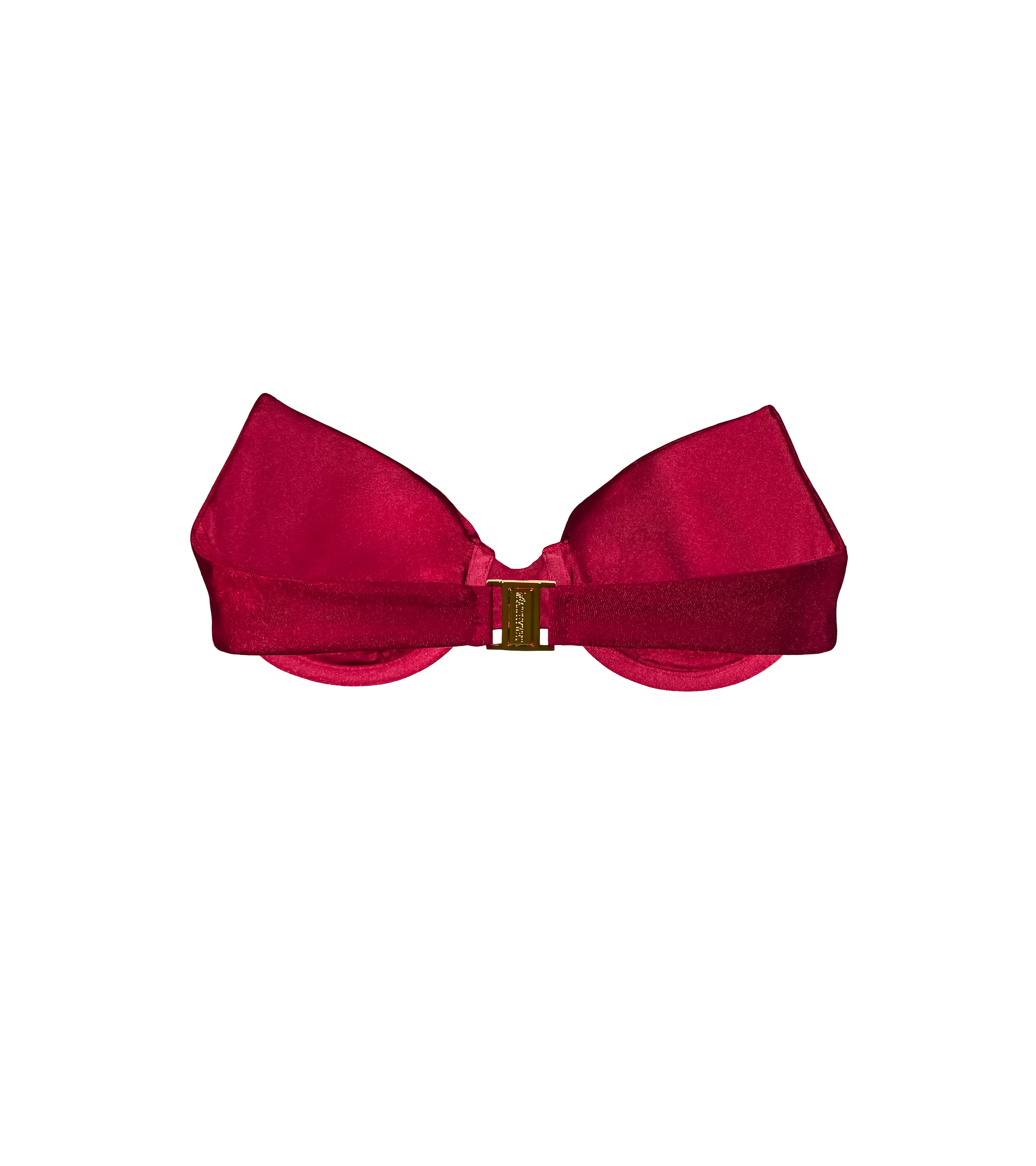 A bordeaux top swimwear top from the back. Swimwear has a gold branded Wealthywet clasp.