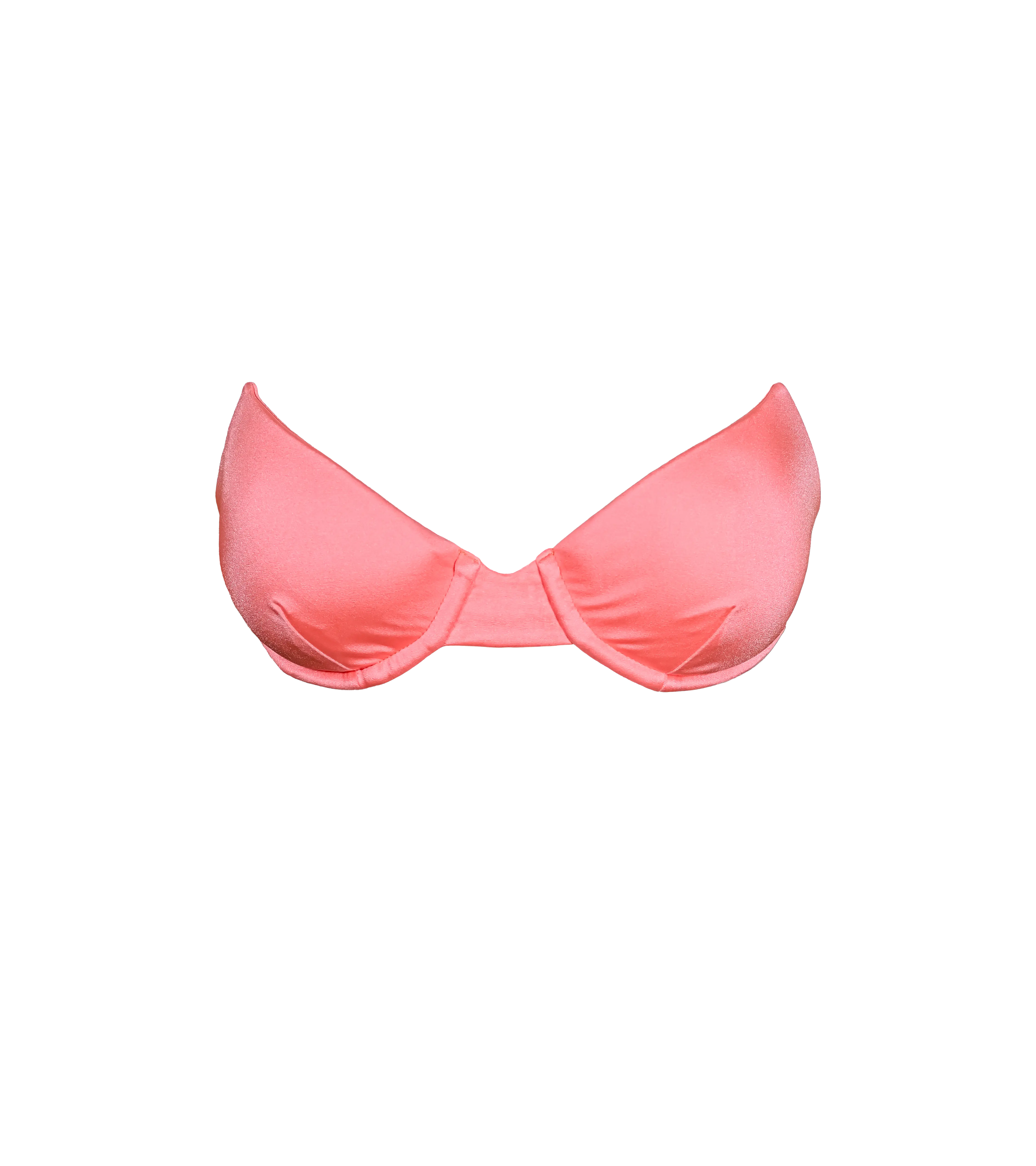 A structured underwire bandeau swimwear top in bright pink-orange color.