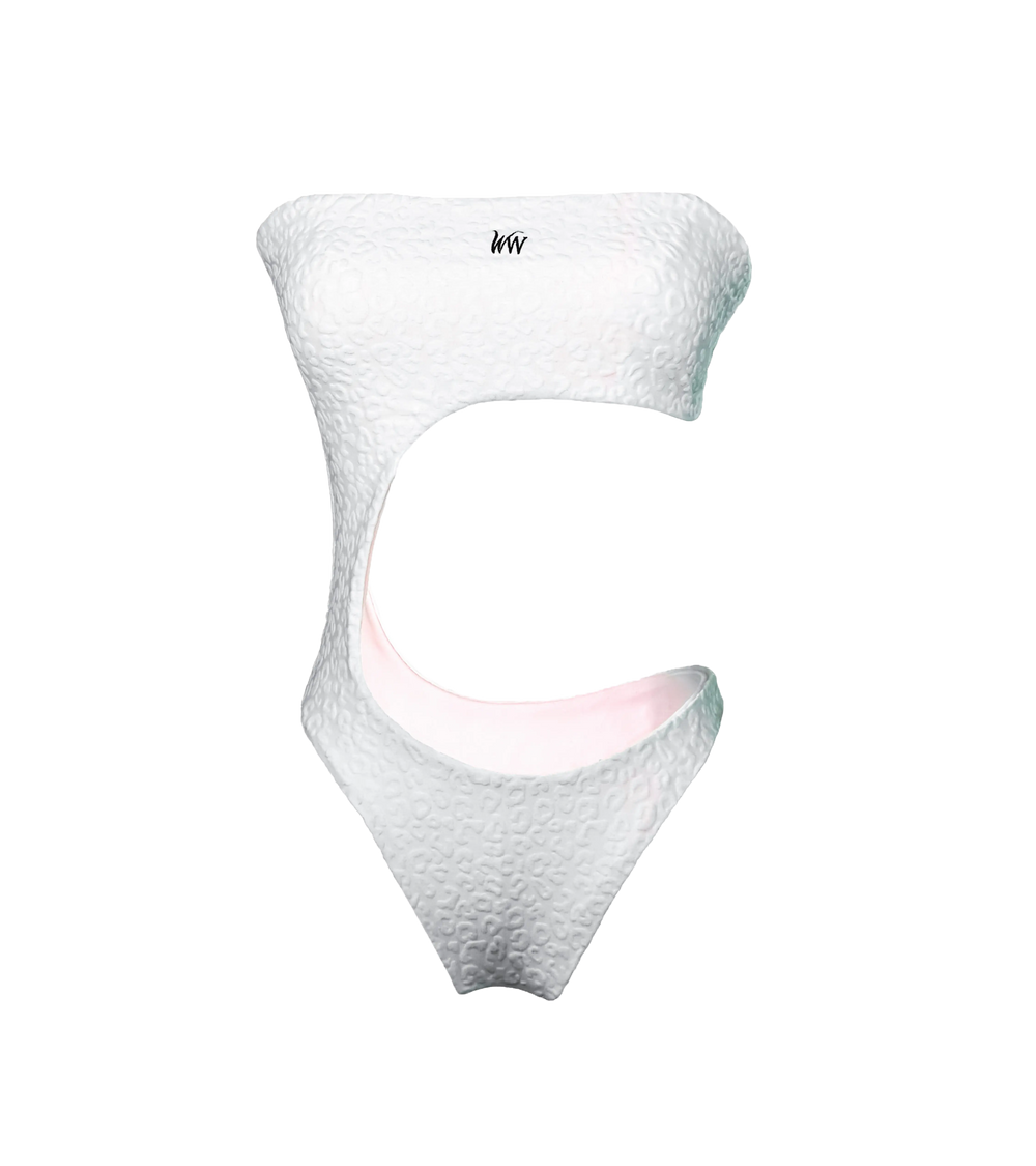 A white cut-out one-piece swimsuit with a textured leopard pattern. The bikini  has a bandeau-style design with curved cutout The interior lining is a soft pink hue, adding a subtle contrast to the design on the stomach and black WW logo on the chest.