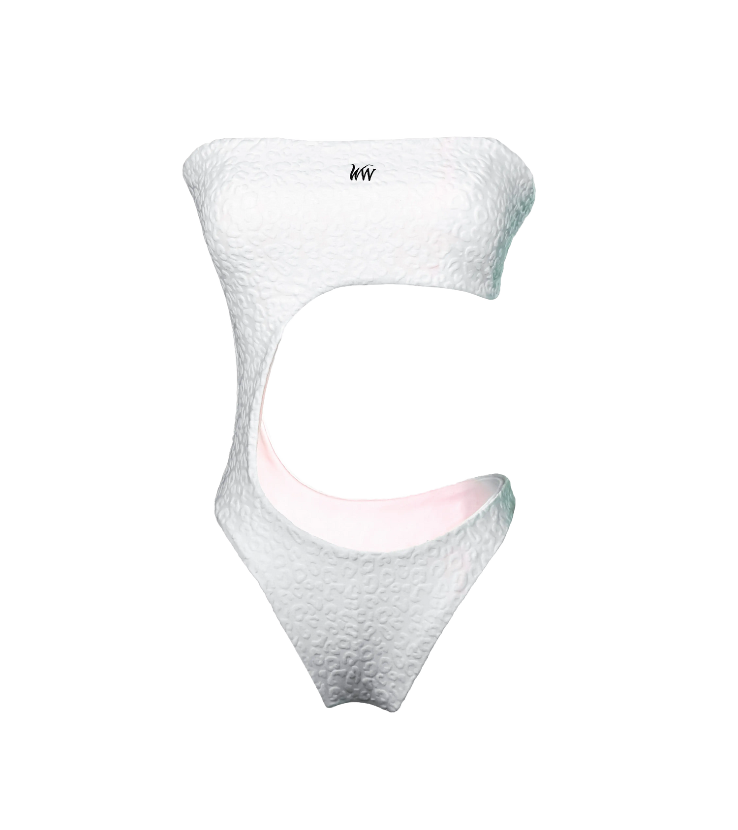 A white cut-out one-piece swimsuit with a textured leopard pattern. The bikini  has a bandeau-style design with curved cutout The interior lining is a soft pink hue, adding a subtle contrast to the design on the stomach and black WW logo on the chest.