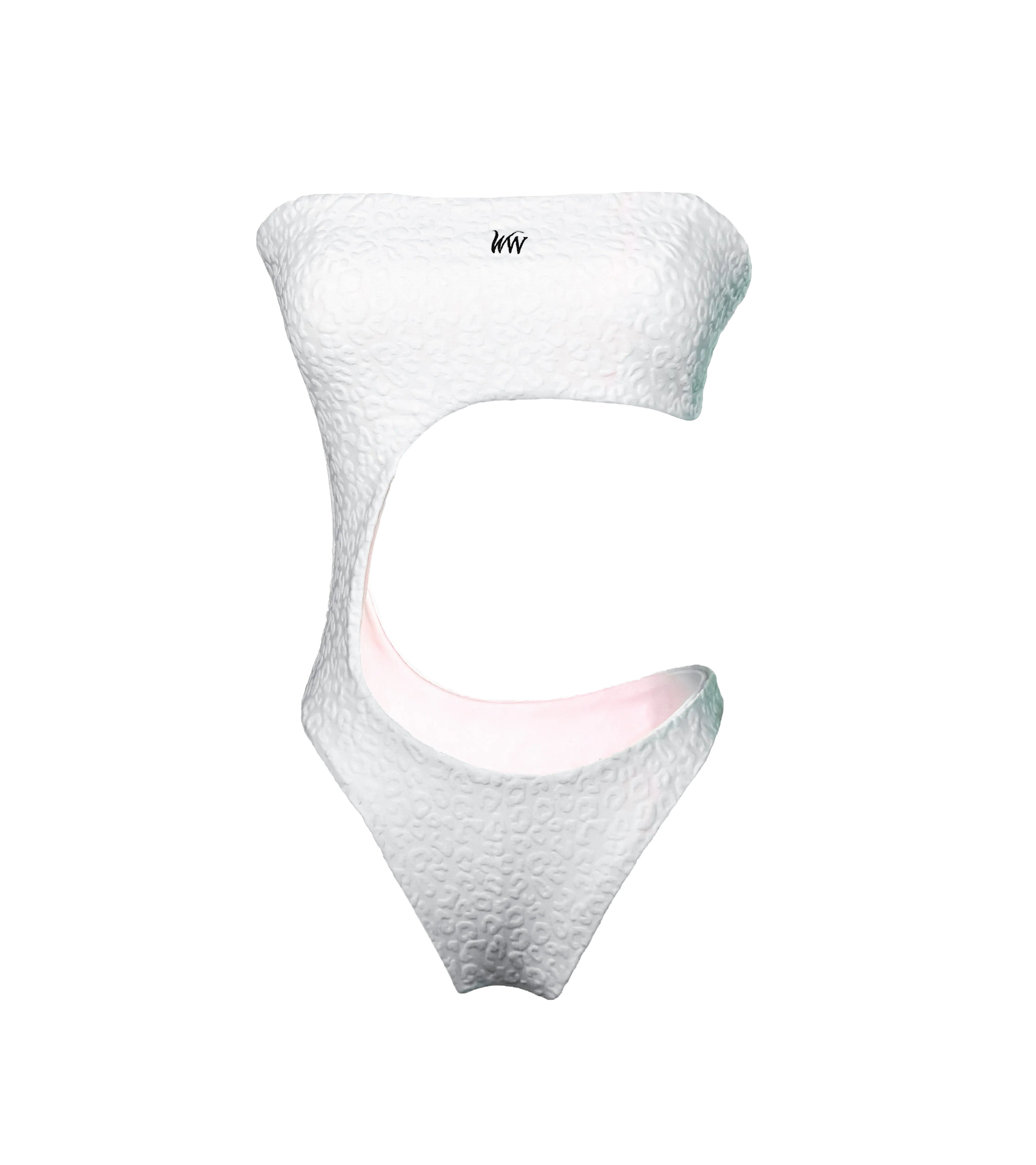 A white cut-out one-piece swimsuit with a textured leopard pattern. The bikini  has a bandeau-style design with curved cutout The interior lining is a soft pink hue, adding a subtle contrast to the design on the stomach and black WW logo on the chest.