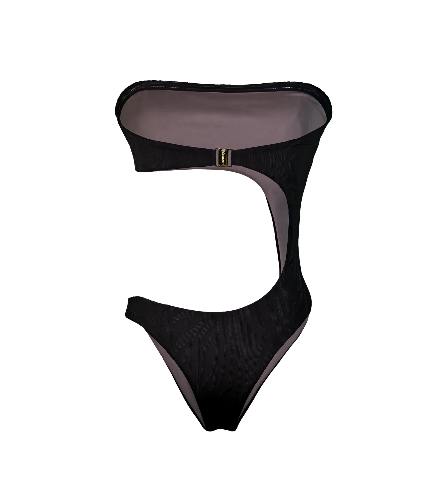 A black one-piece zebra textured swimsuit with a asymmetrical cutout design.The back has a gold Wealthywet branded clasp and soft brown lining.