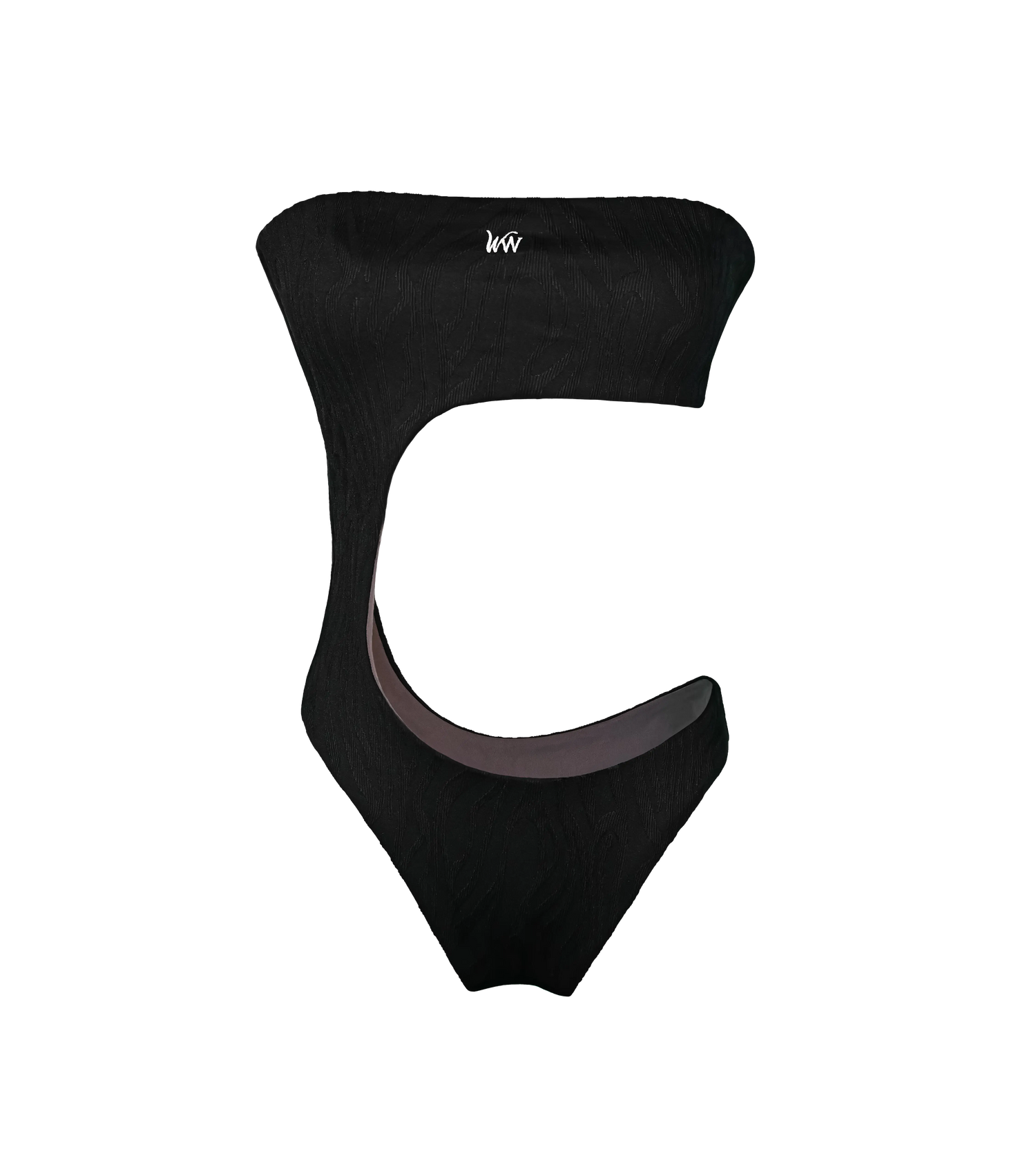 A black asymmetrical one-piece swimsuit. The bikini has  bandeau-style design  with with a white WW logo on the chest. The swimsuit fabric has a zebra textured pattern.