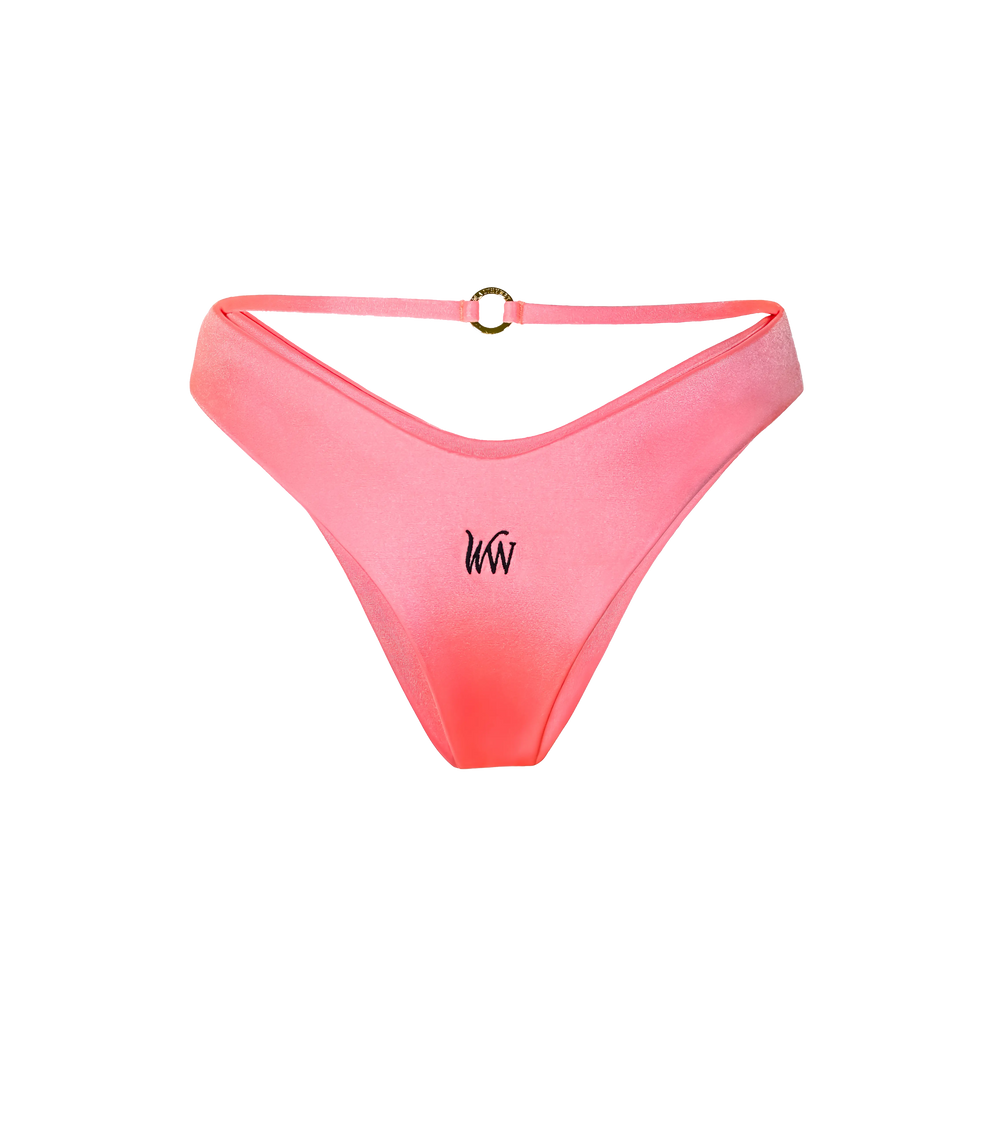 The back of a bright pink-orange bikini bottoms with a string detail that has a branded ring on the back. The swimwear bottoms have a black WW logo on the back.