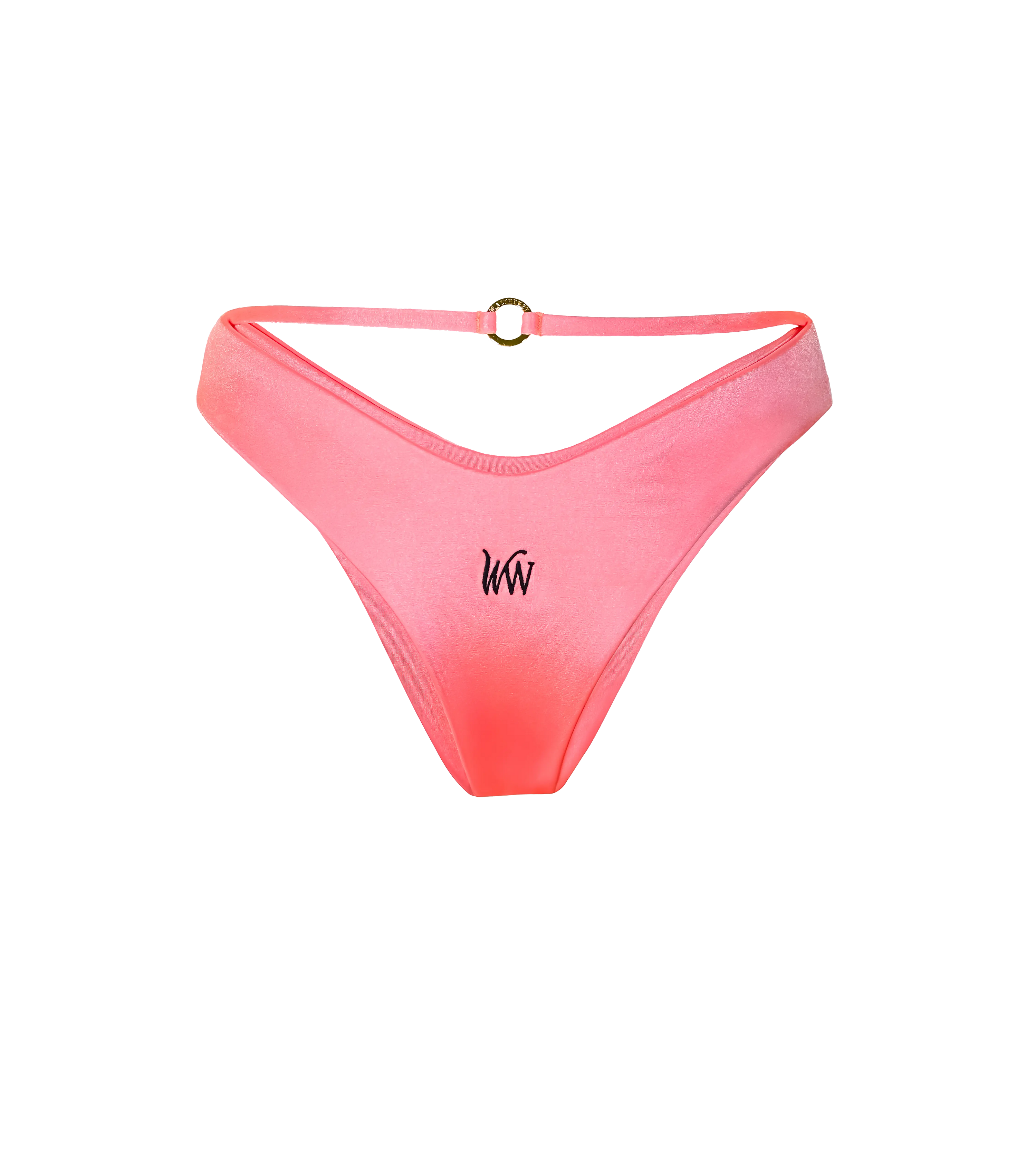 The back of a bright pink-orange bikini bottoms with a string detail that has a branded ring on the back. The swimwear bottoms have a black WW logo on the back.