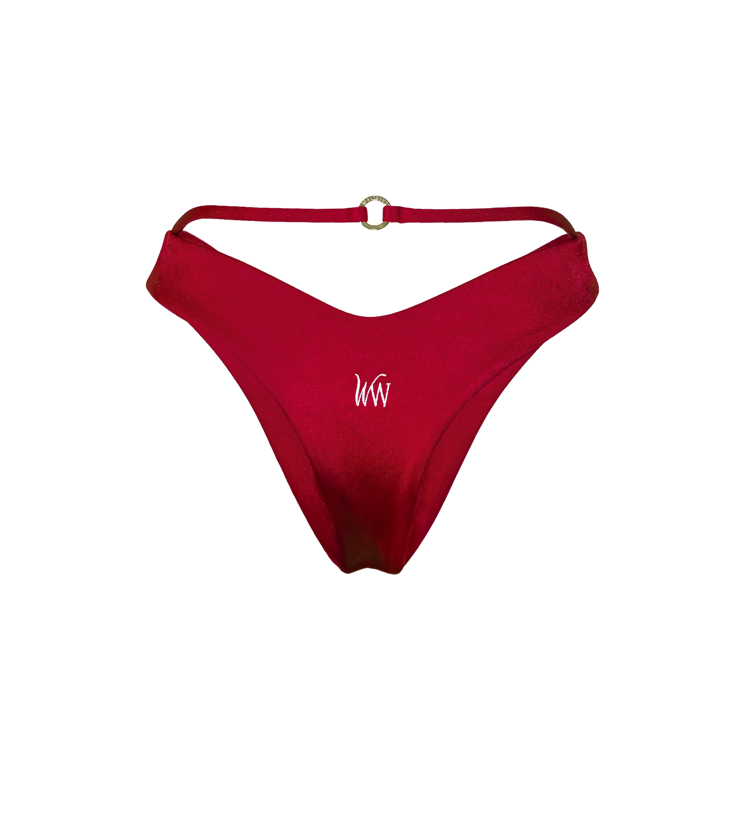 The back of a bordeaux colord swimwear bottom with a string detail that has a gold branded hardware ring on the back as well as a white WW logo in the middle of the bikini bottom.