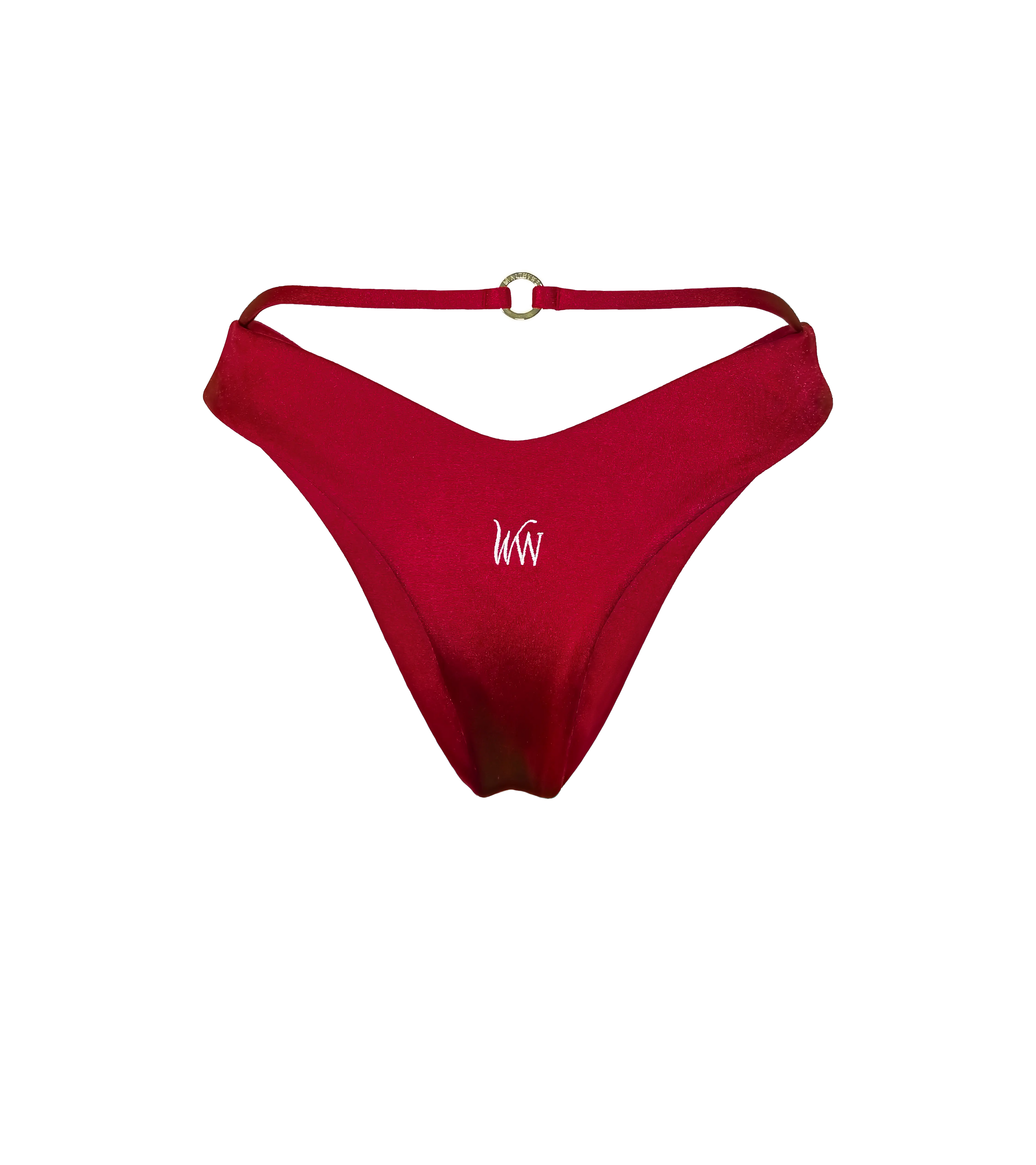 The back of a bordeaux colord swimwear bottom with a string detail that has a gold branded hardware ring on the back as well as a white WW logo in the middle of the bikini bottom.