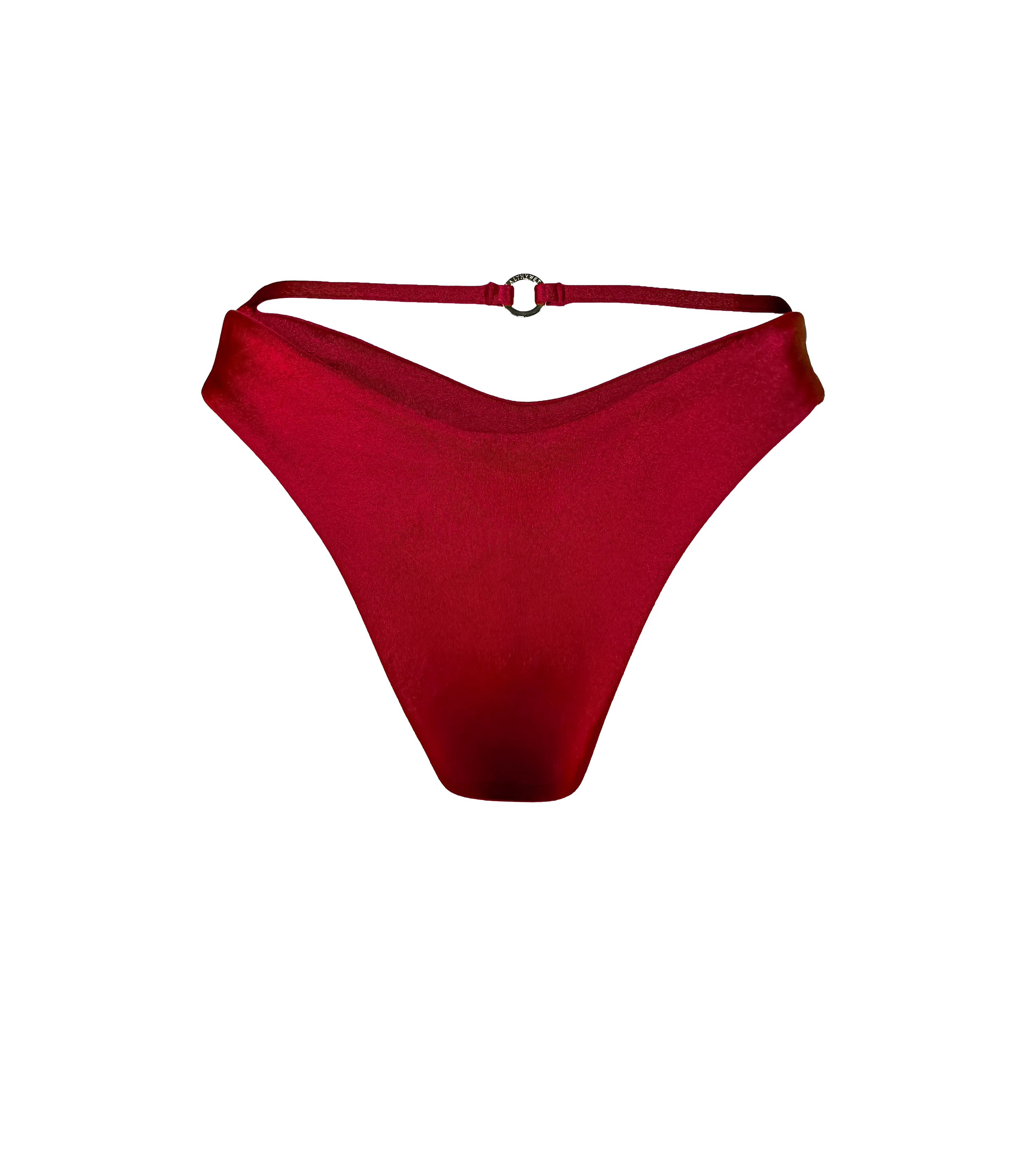 A bordeaux colored swimwear bottoms  with a string detail and a gold branded hardware ring on the back. The bikini bottoms are made from a shiny fabric.