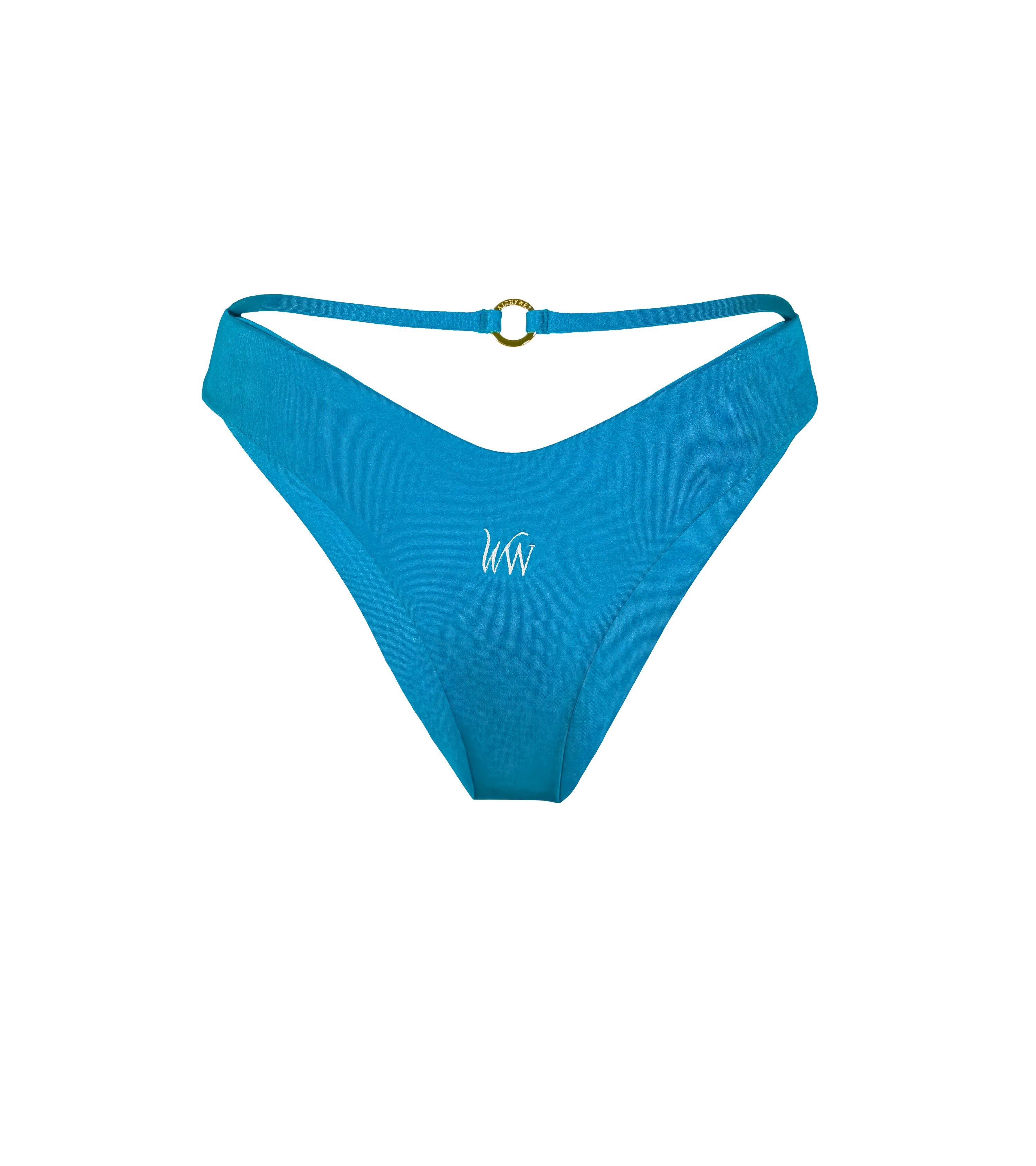 The back of a bright blue swimwear bottoms with a white WW logo in the middle and the string detail, that has a gold branded Wealthywet hardware on it.