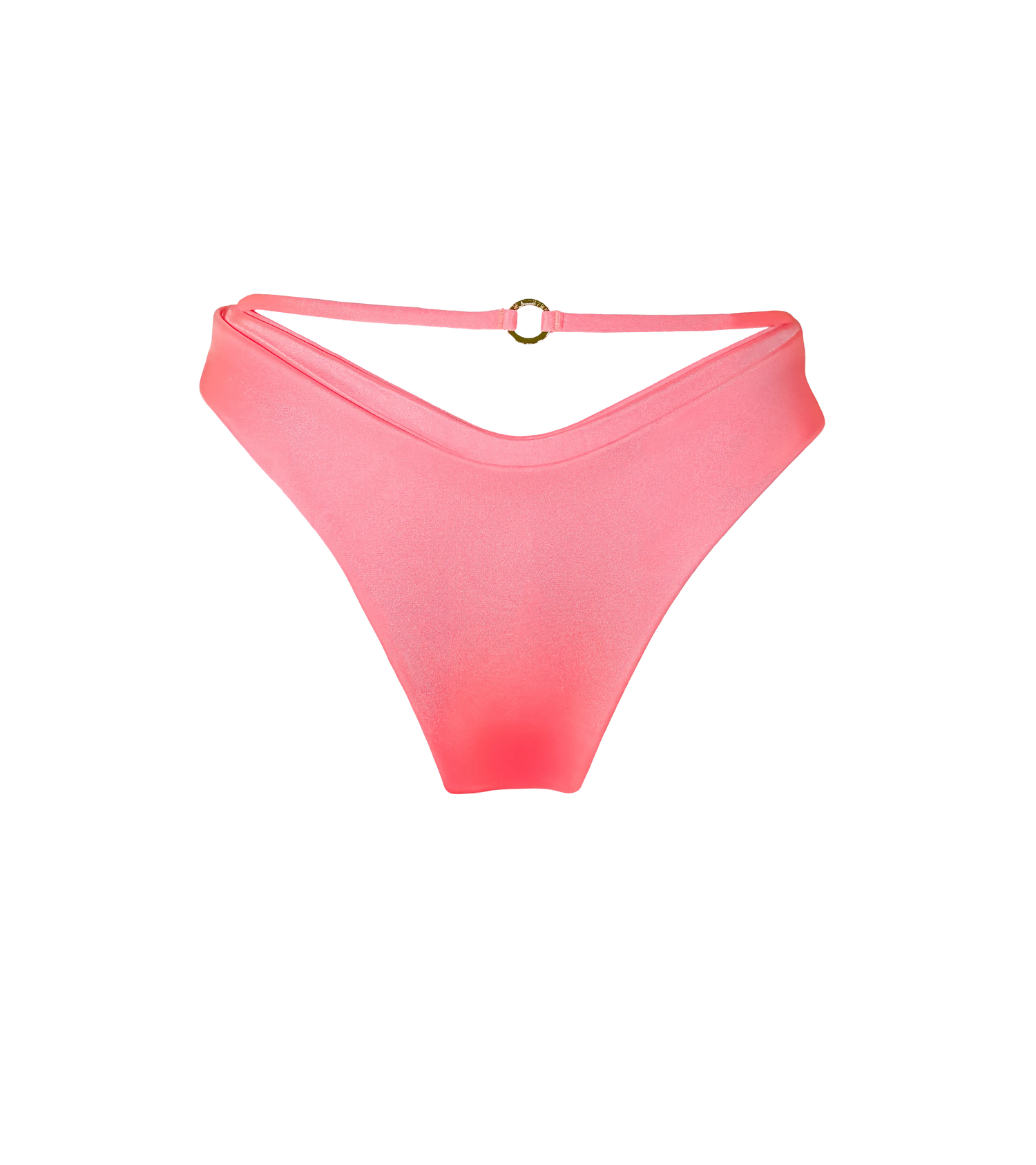 A bright pink-orange bikini bottoms with a string detail that has a gold hardware ring in the back. The swimwear bottoms are made from the shiny fabric.