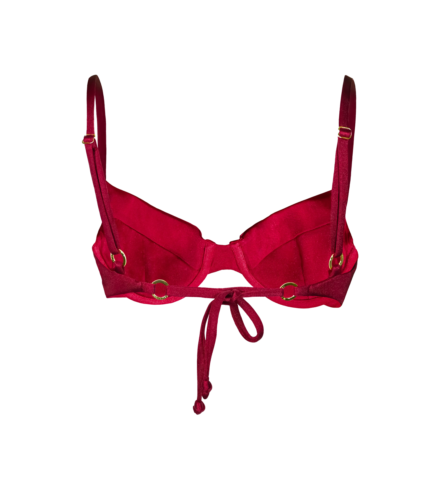 A back of a bordeaux swimwear top. The bikini top has a tie in the back for customizable fit and gold rings hardware. It is a underwire structured design bikini top.