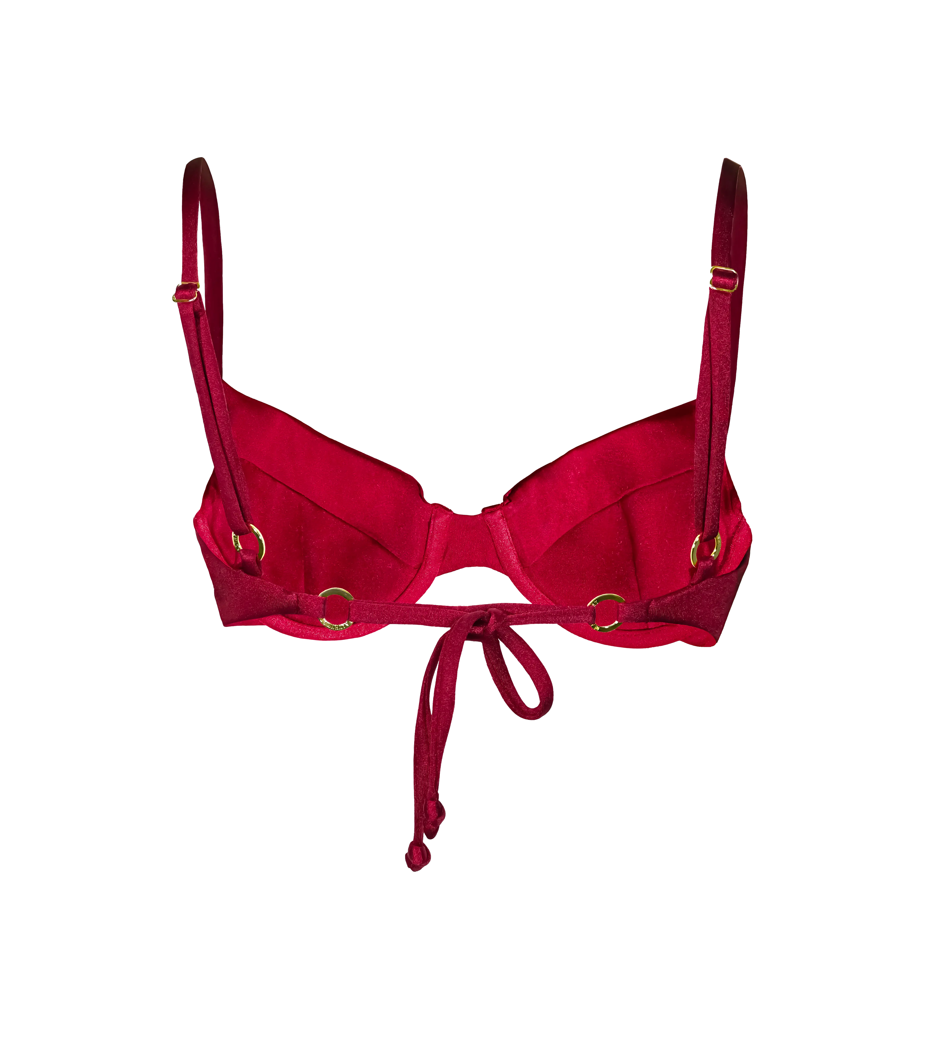 A back of a bordeaux swimwear top. The bikini top has a tie in the back for customizable fit and gold rings hardware. It is a underwire structured design bikini top.