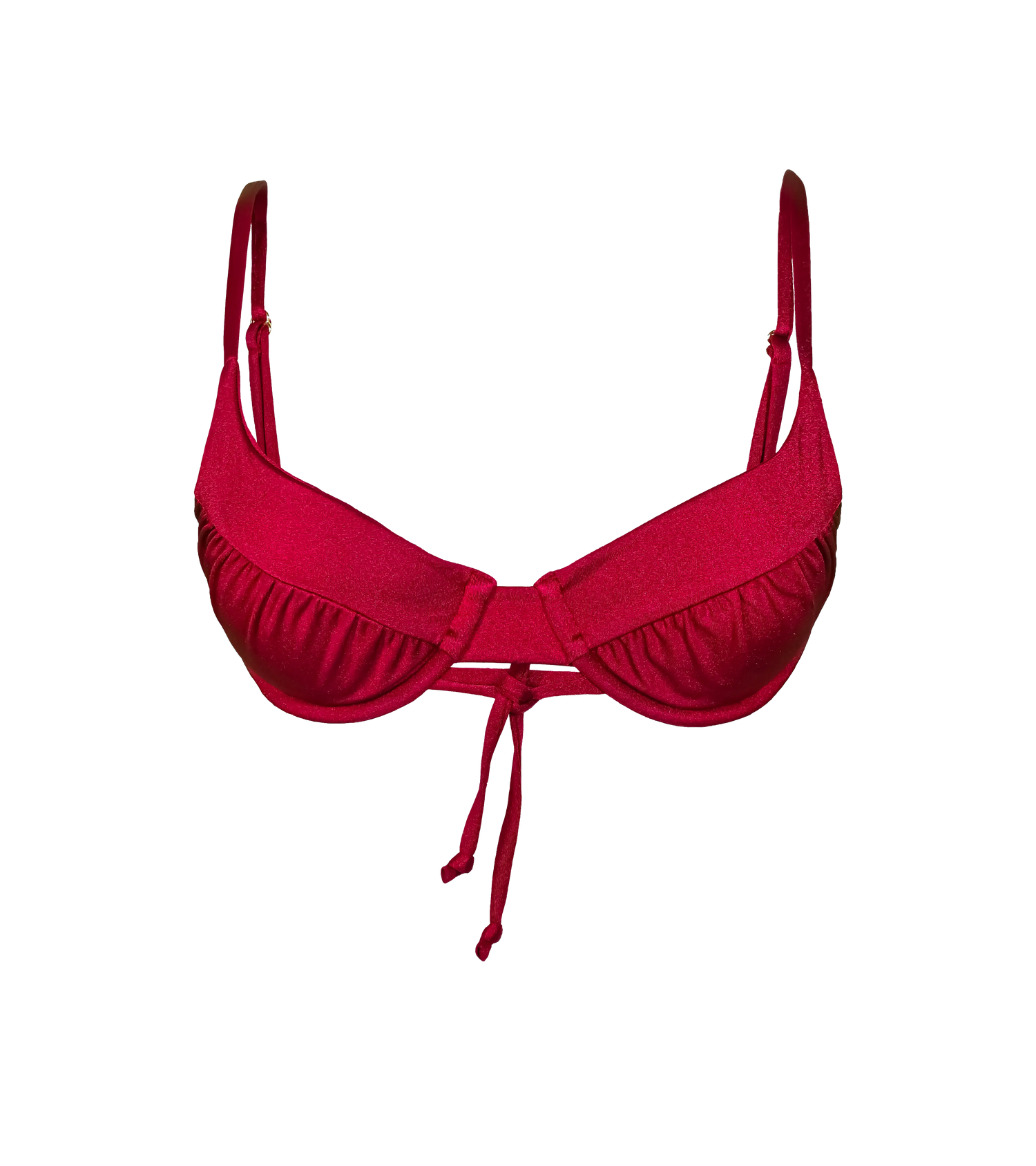 A bordeaux colored swimwear top with rushed details and a tie in the back. The bikini top is a structured design with underwire cups.