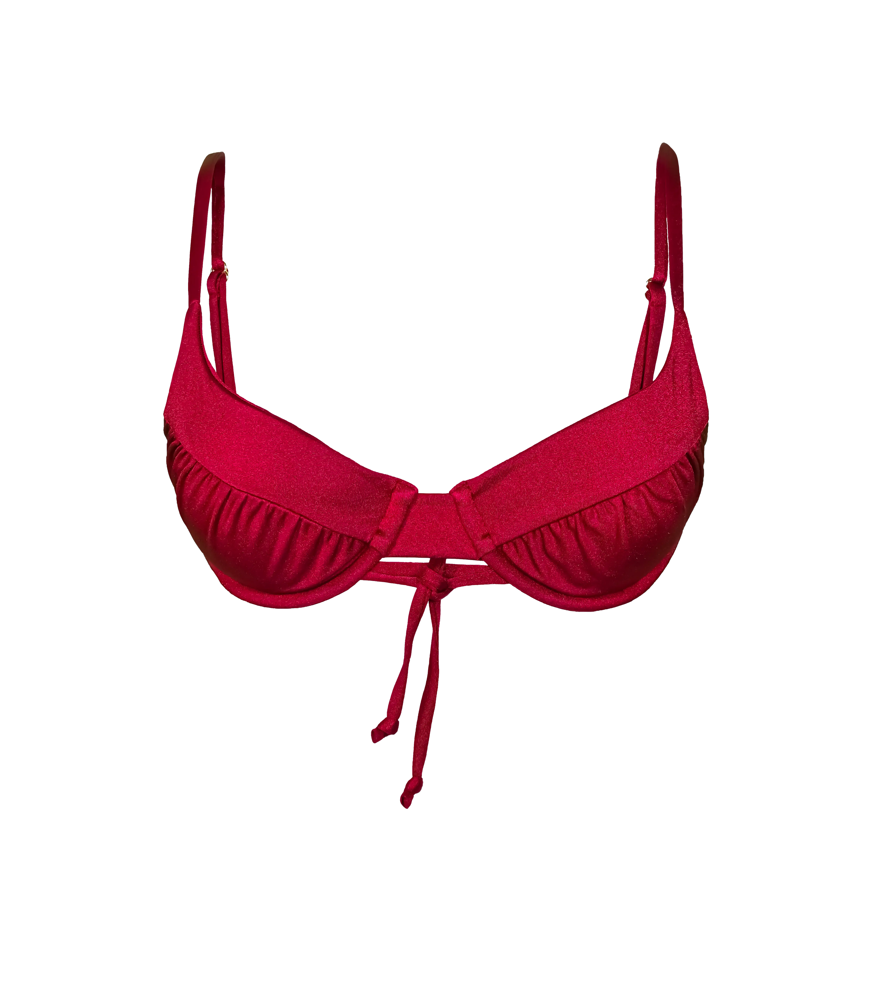 A bordeaux colored swimwear top with rushed details and a tie in the back. The bikini top is a structured design with underwire cups.