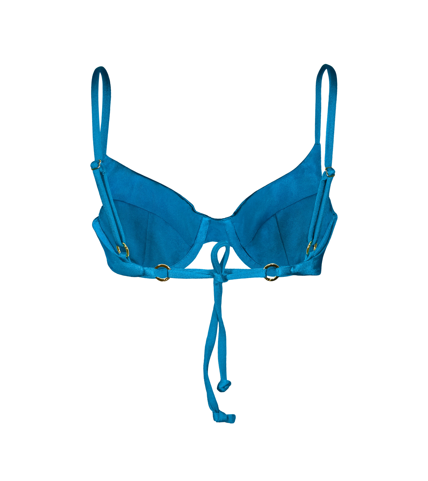 The back of the bright blue underwire bikini top with adjustable straps with gold branded ring hardware and a tie-back detail for a customizable fit.