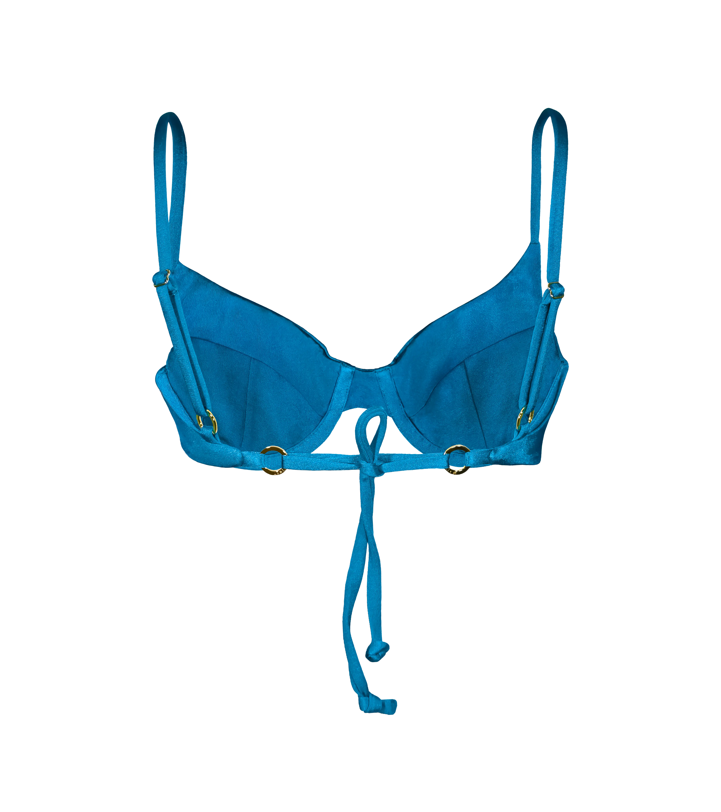 The back of the bright blue underwire bikini top with adjustable straps with gold branded ring hardware and a tie-back detail for a customizable fit.