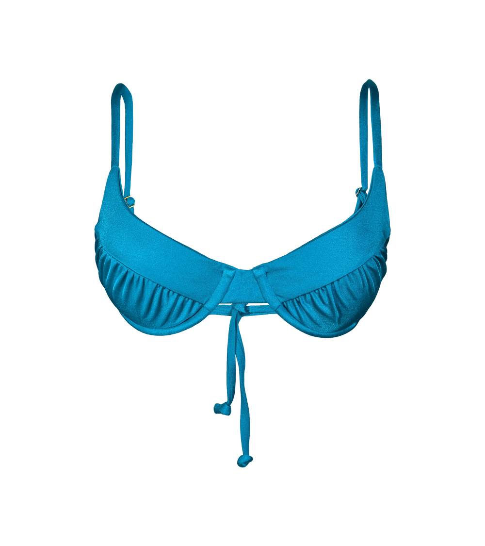Bright blue underwire bikini top with ruched detailing. The swimwear has adjustable shoulder straps and delicate back tie.