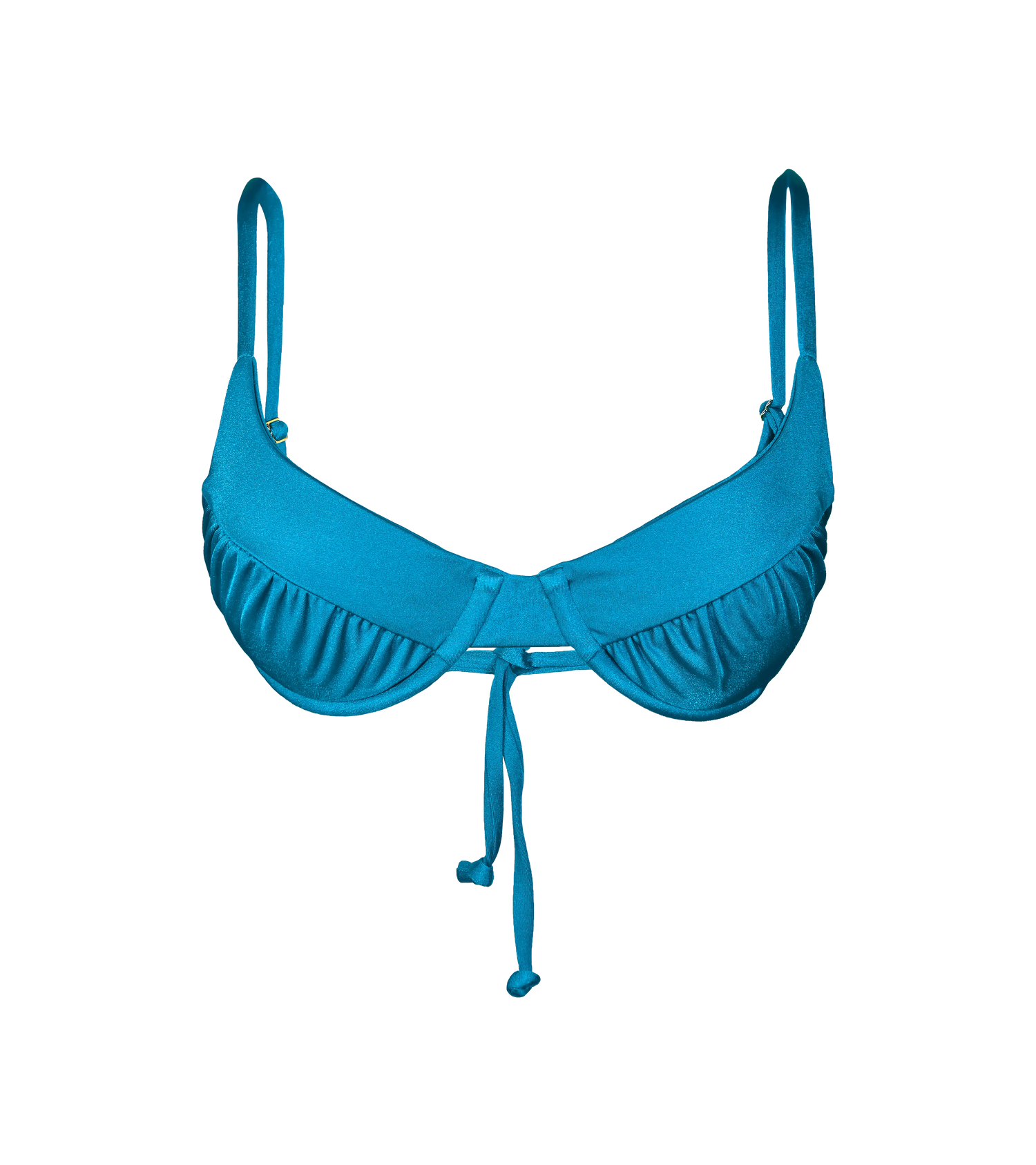 Bright blue underwire bikini top with ruched detailing. The swimwear has adjustable shoulder straps and delicate back tie.