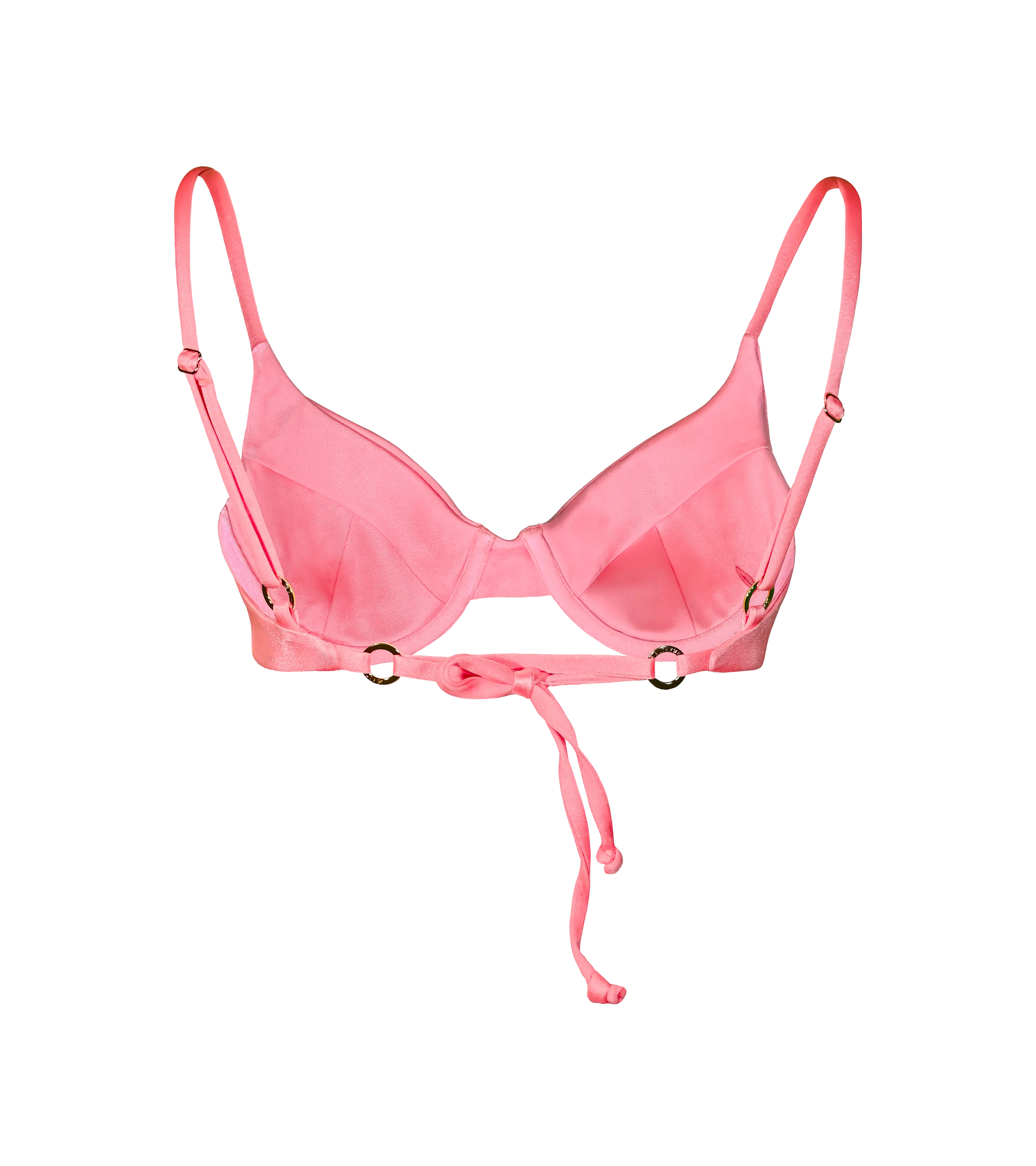A back of the bright orange-pink swimwear top with adjustable straps, gold hardware rings and structured underwire design. The bikini top has a tie in the back for the customizable fit.