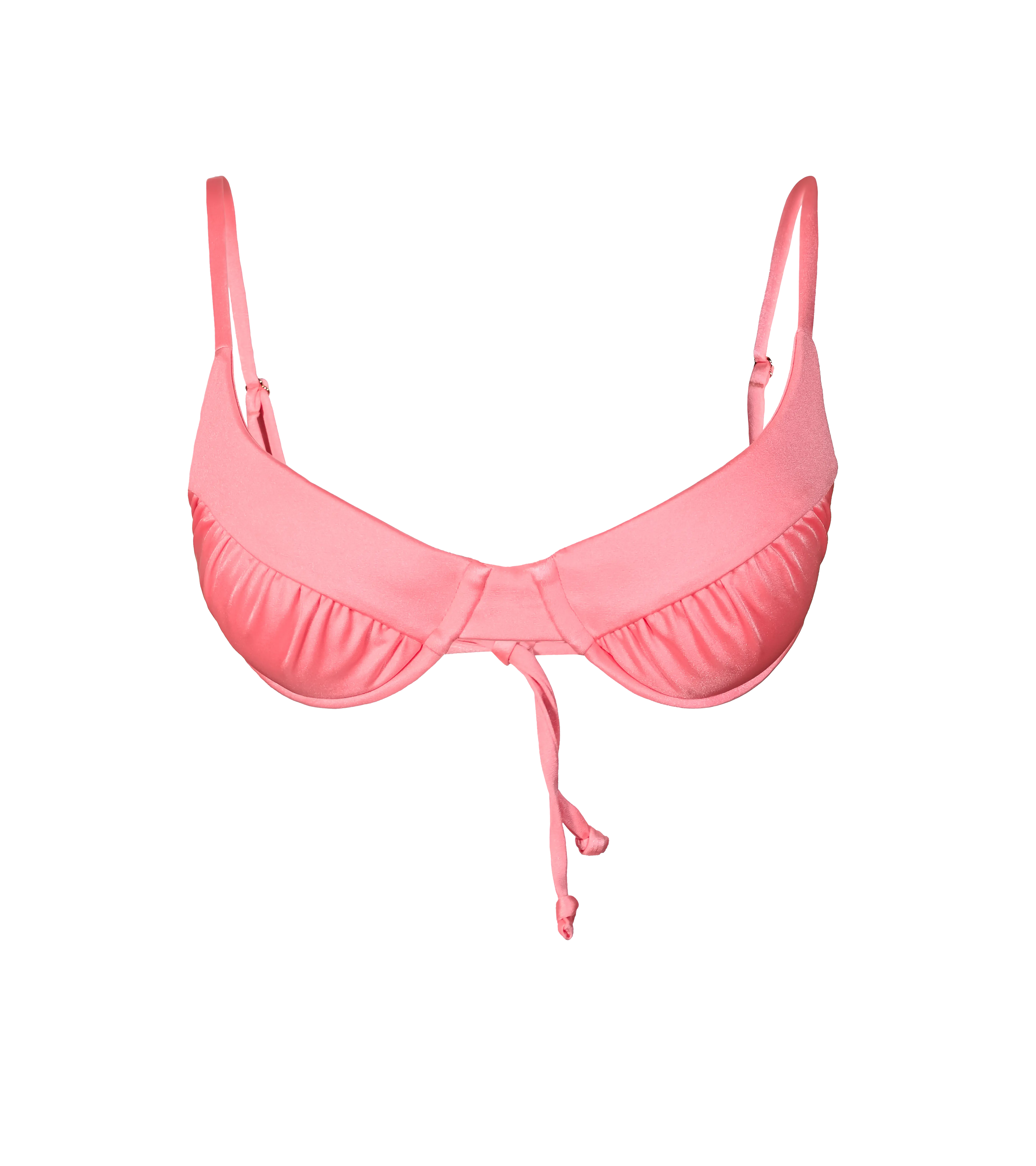 A bright orange-pink swimwear top with structured underwire design and ruched details. The bikini top has an elegant tie in the back for customizable it.