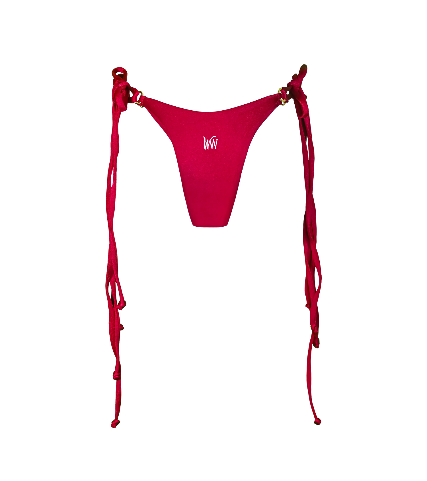 The back of a rich bordeaux colored swimwear bottoms with double tie strings on each side and gold branded rings hardware. The bikini bottoms are made from a shiny fabric and a have a white WW logo in the middle.