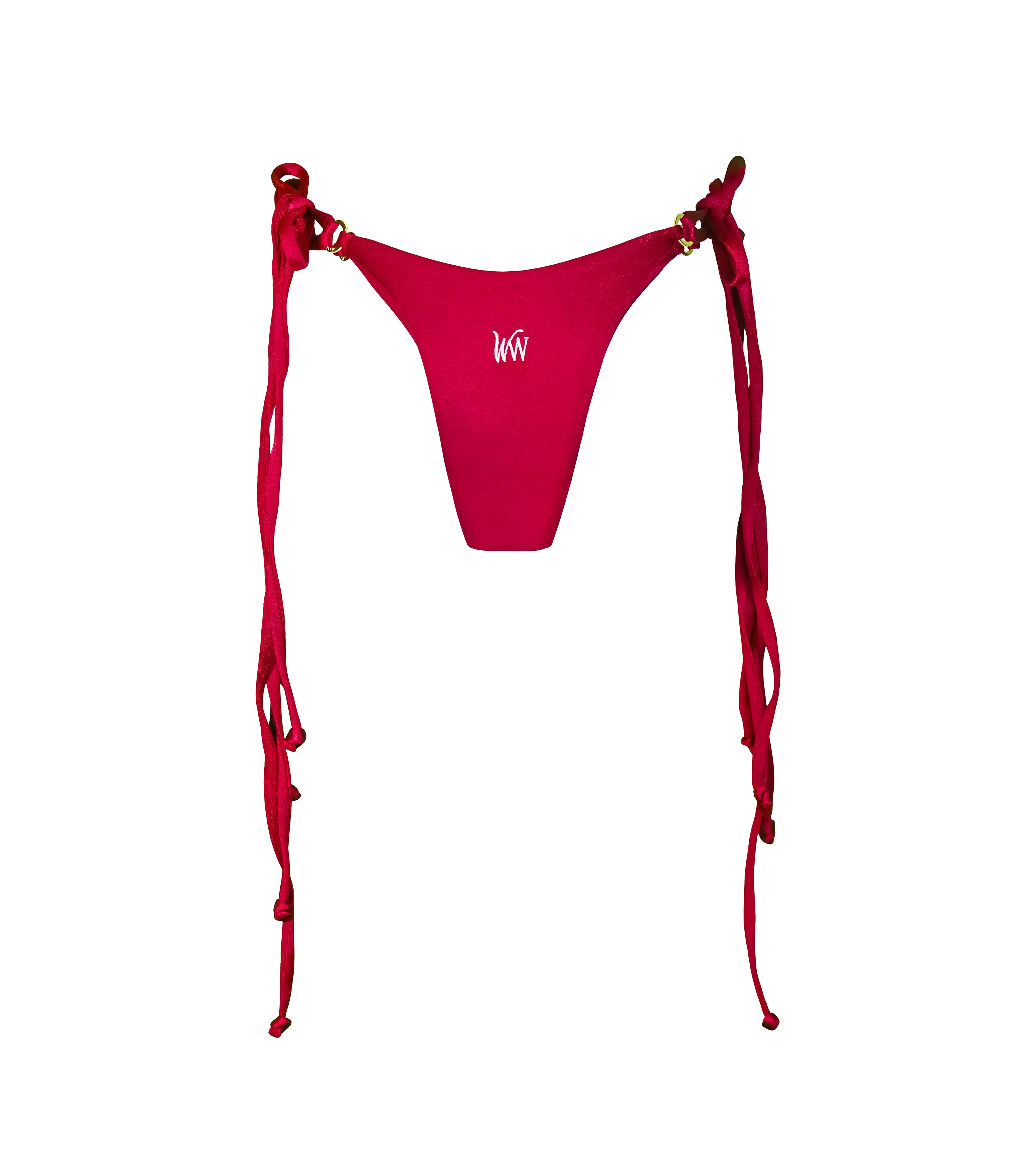 The back of a rich bordeaux colored swimwear bottoms with double tie strings on each side and gold branded rings hardware. The bikini bottoms are made from a shiny fabric and a have a white WW logo in the middle.
