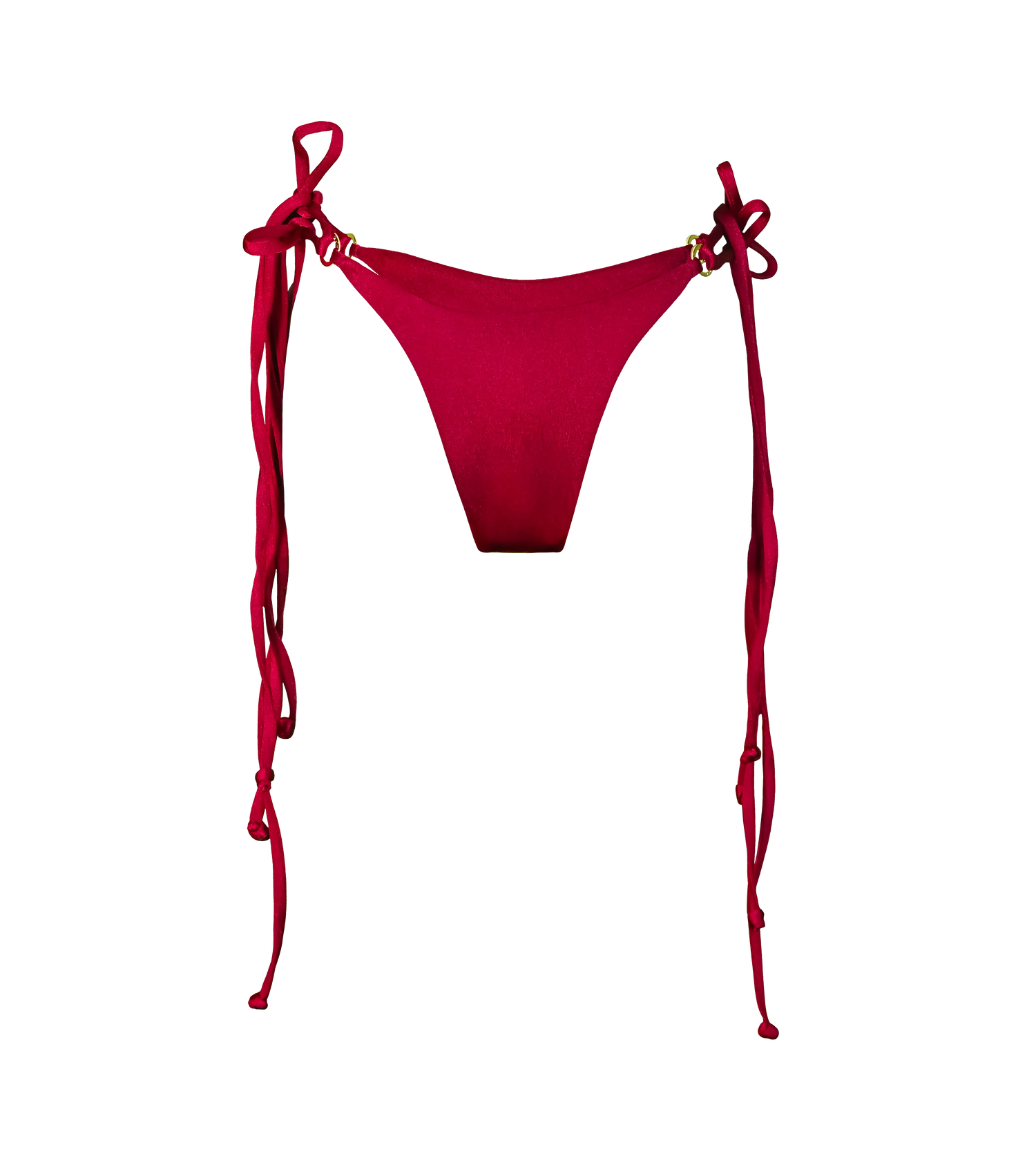 A rich bordeaux color tie down bikini bottoms. The swimwear bottoms have double tie strings with gold hardware branded rings on each side for customizable fit.