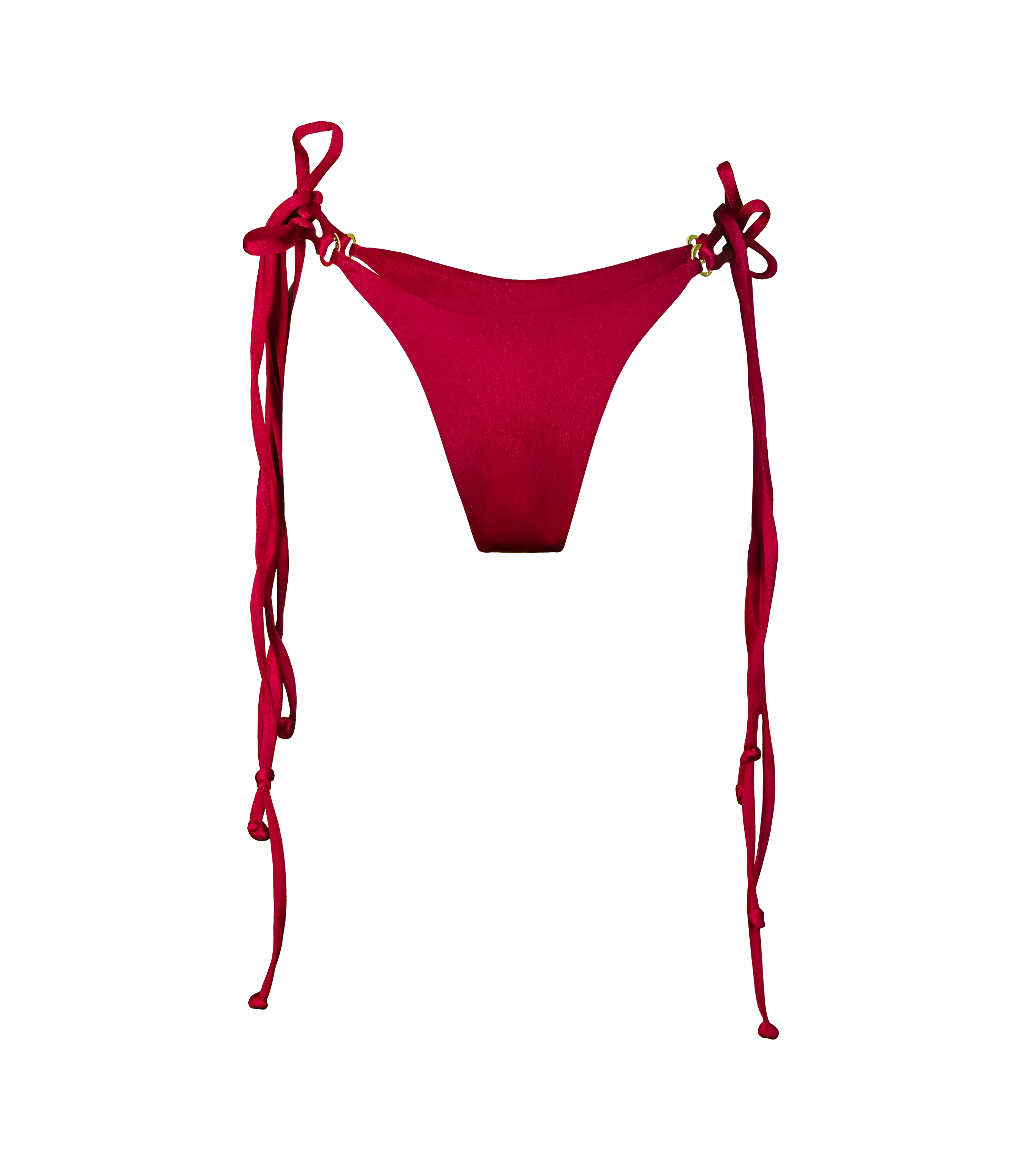 A rich bordeaux color tie down bikini bottoms. The swimwear bottoms have double tie strings with gold hardware branded rings on each side for customizable fit.