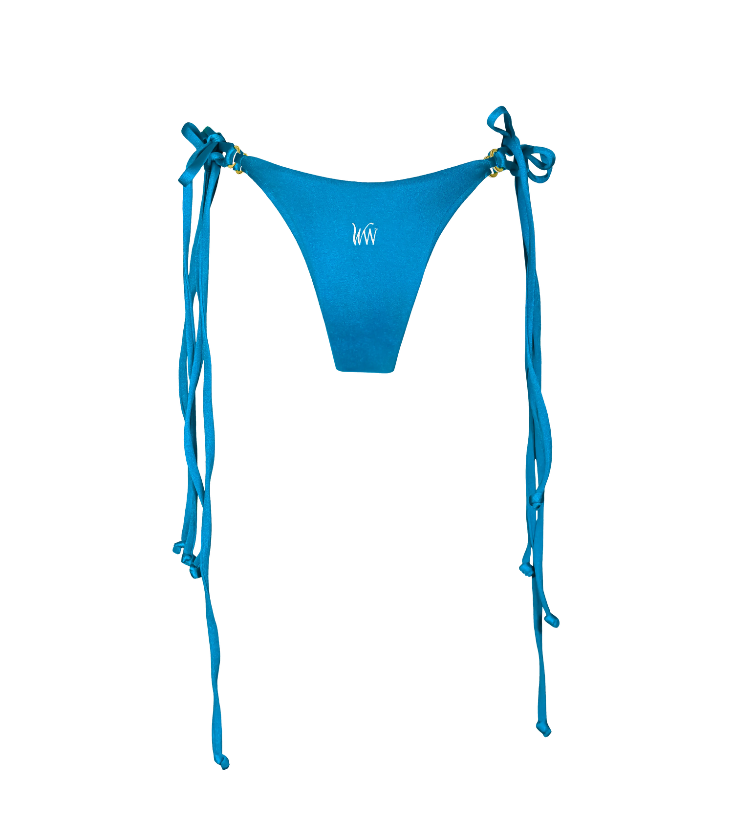 The back of a bright blue swimwear bottom with a white WW logog in the middle. The bikini bottom has adjustable double string ties on each side a s well as branded gold hardware rings.