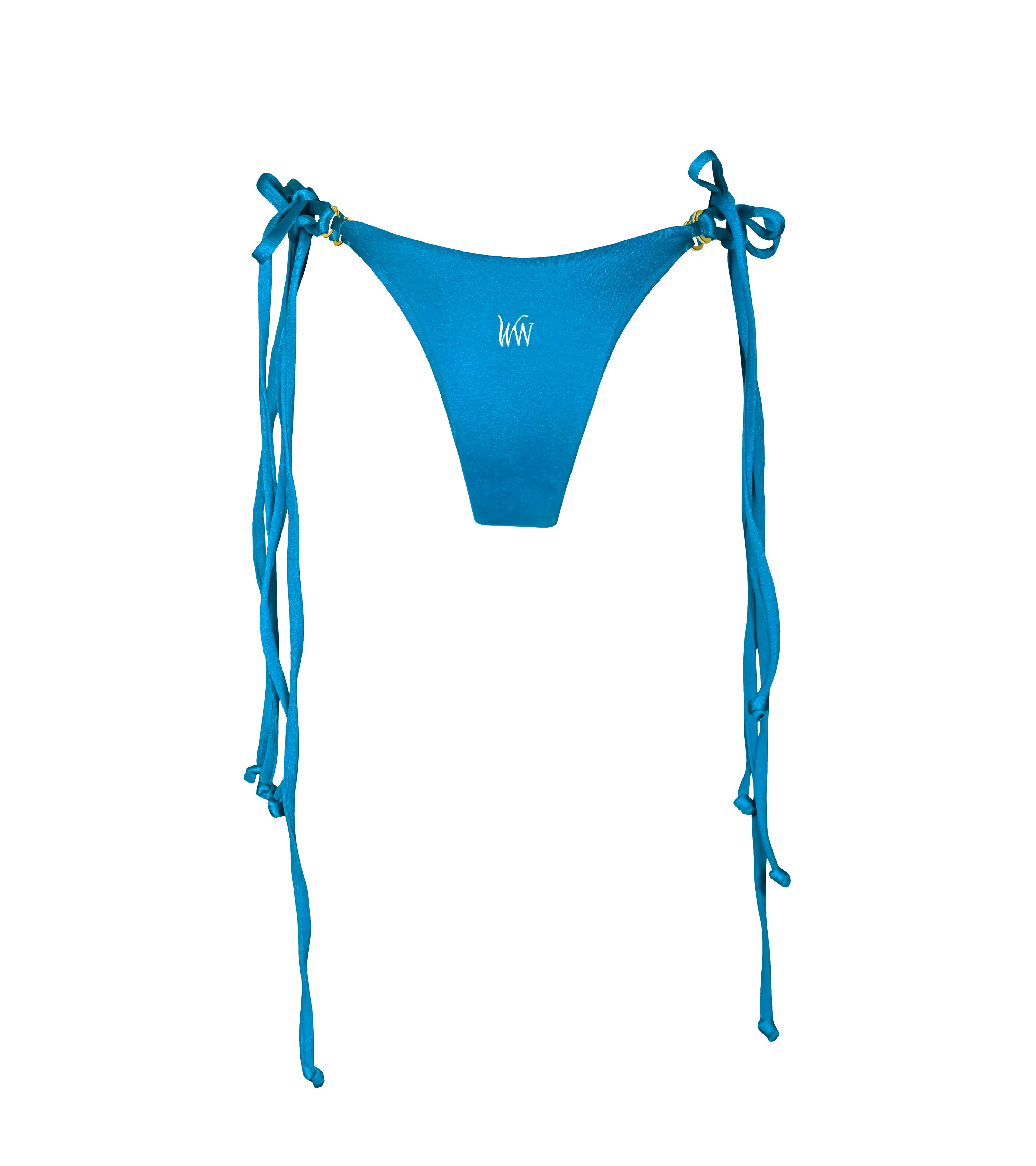 The back of a bright blue swimwear bottom with a white WW logog in the middle. The bikini bottom has adjustable double string ties on each side a s well as branded gold hardware rings.