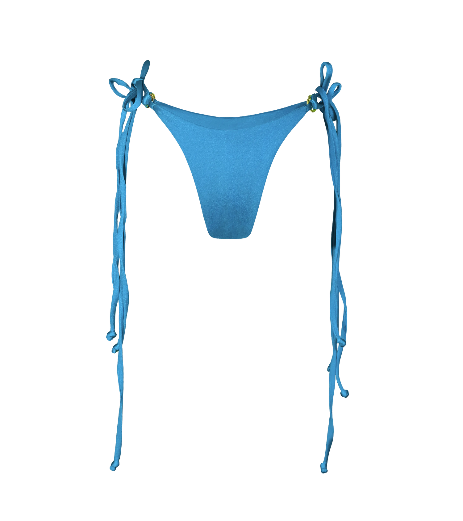 A bright blue swimwear bottom with gold hardware rings on each side and double string ties. The bottom is made from a shiny fabric.