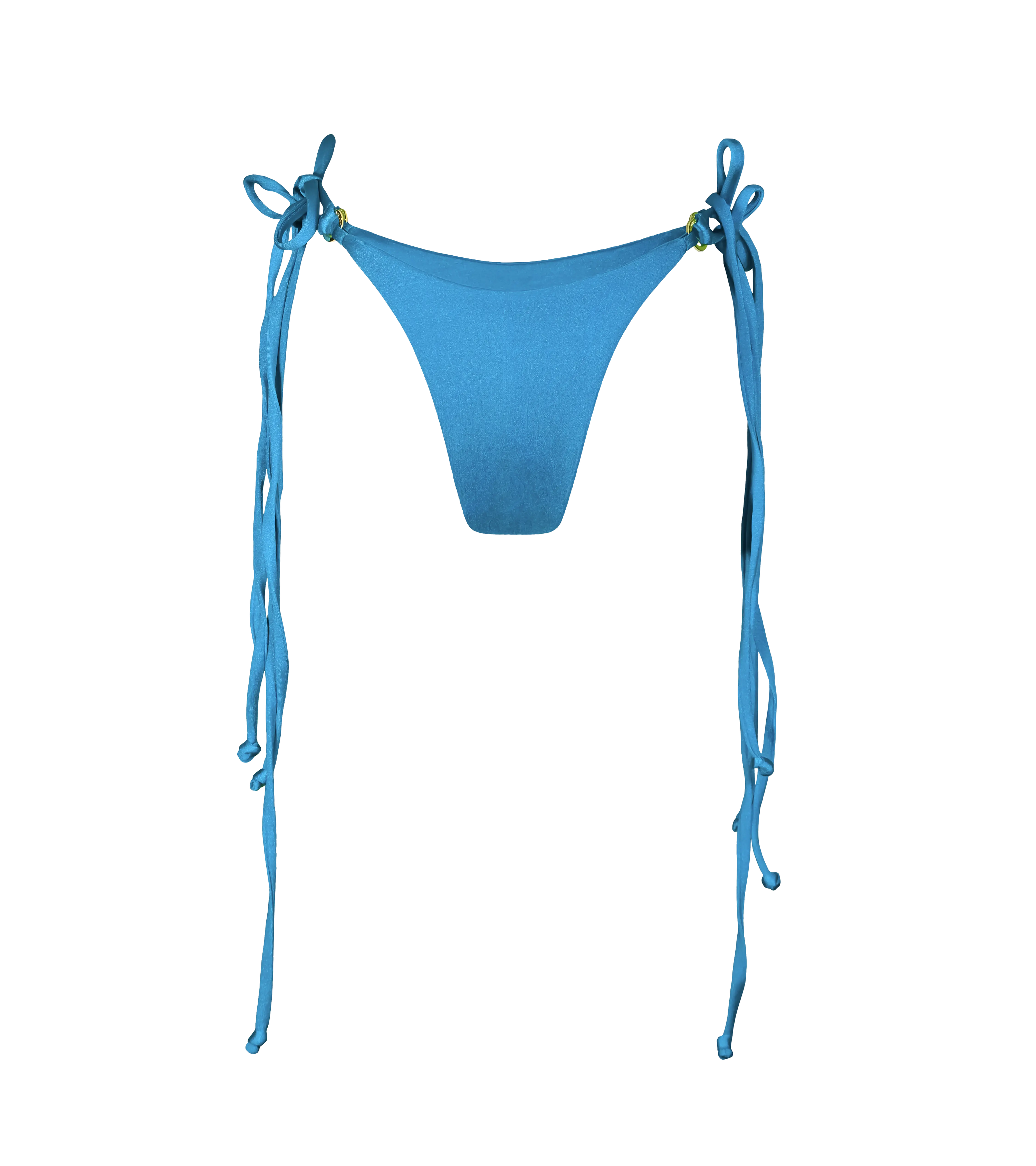 A bright blue swimwear bottom with gold hardware rings on each side and double string ties. The bottom is made from a shiny fabric.