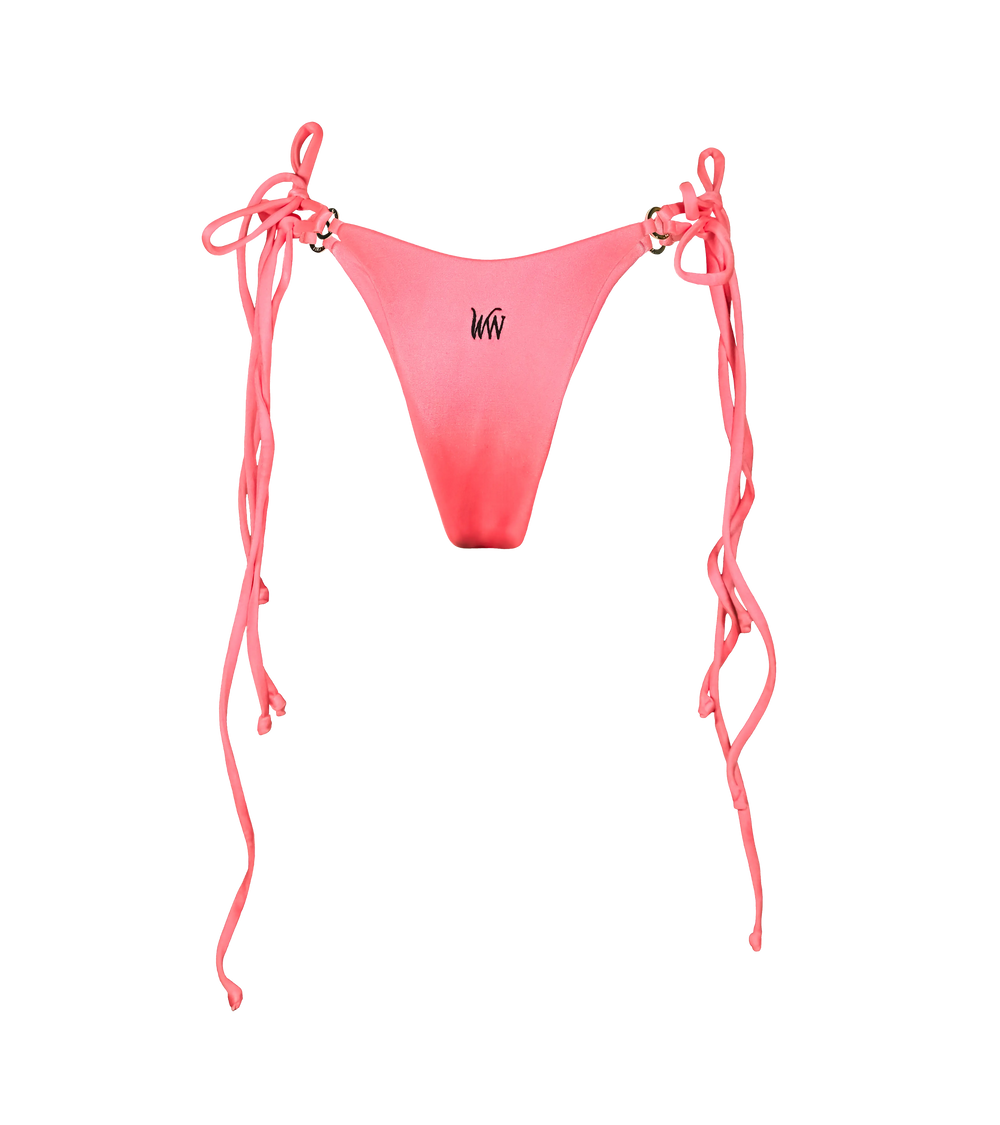 The back of a flamenco colored tie down swimwear bottoms. The bikini bottoms have double string ties with gold branded hardware rings on each side and a black WW logo in the middle.
