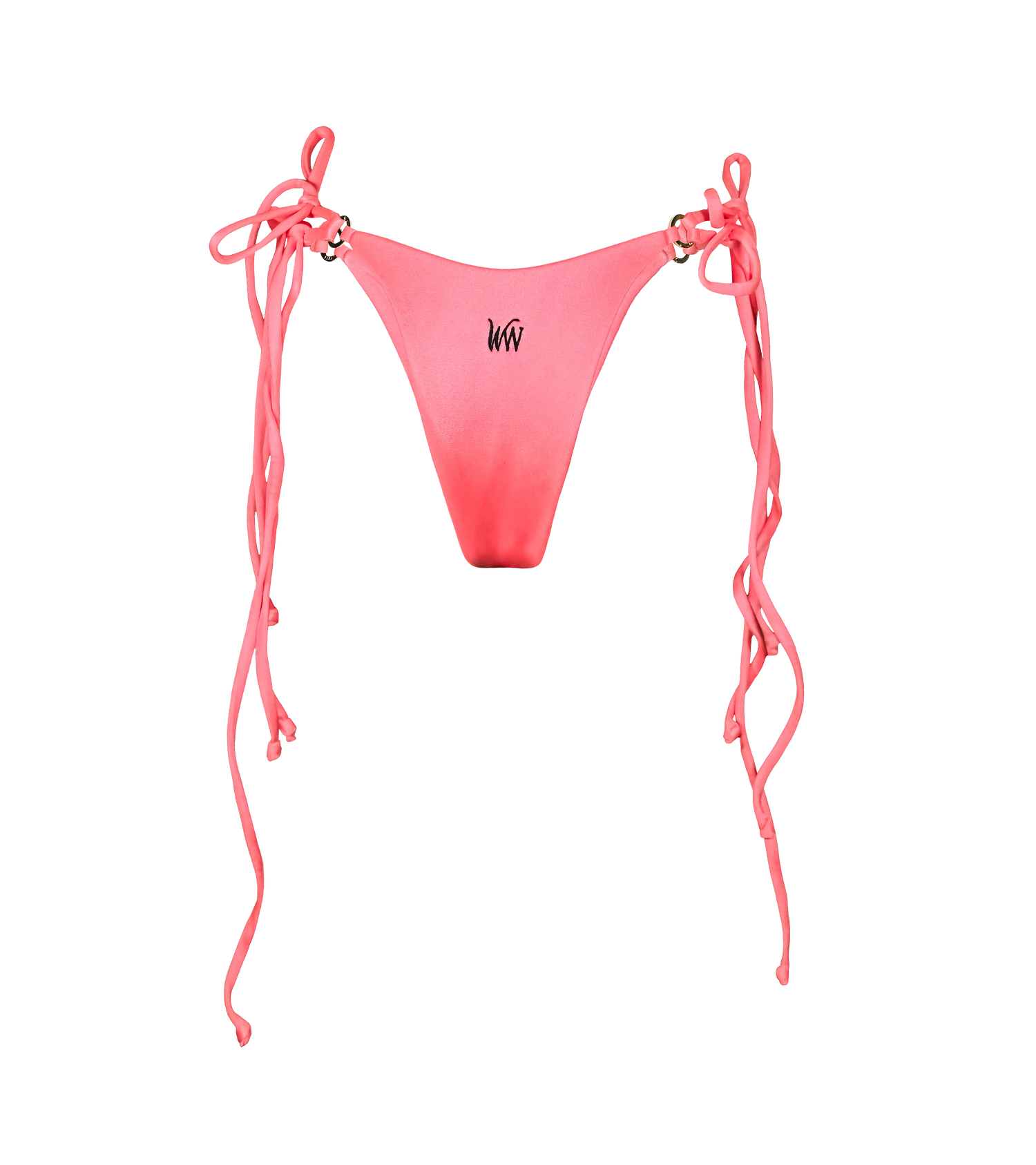 The back of a flamenco colored tie down swimwear bottoms. The bikini bottoms have double string ties with gold branded hardware rings on each side and a black WW logo in the middle.