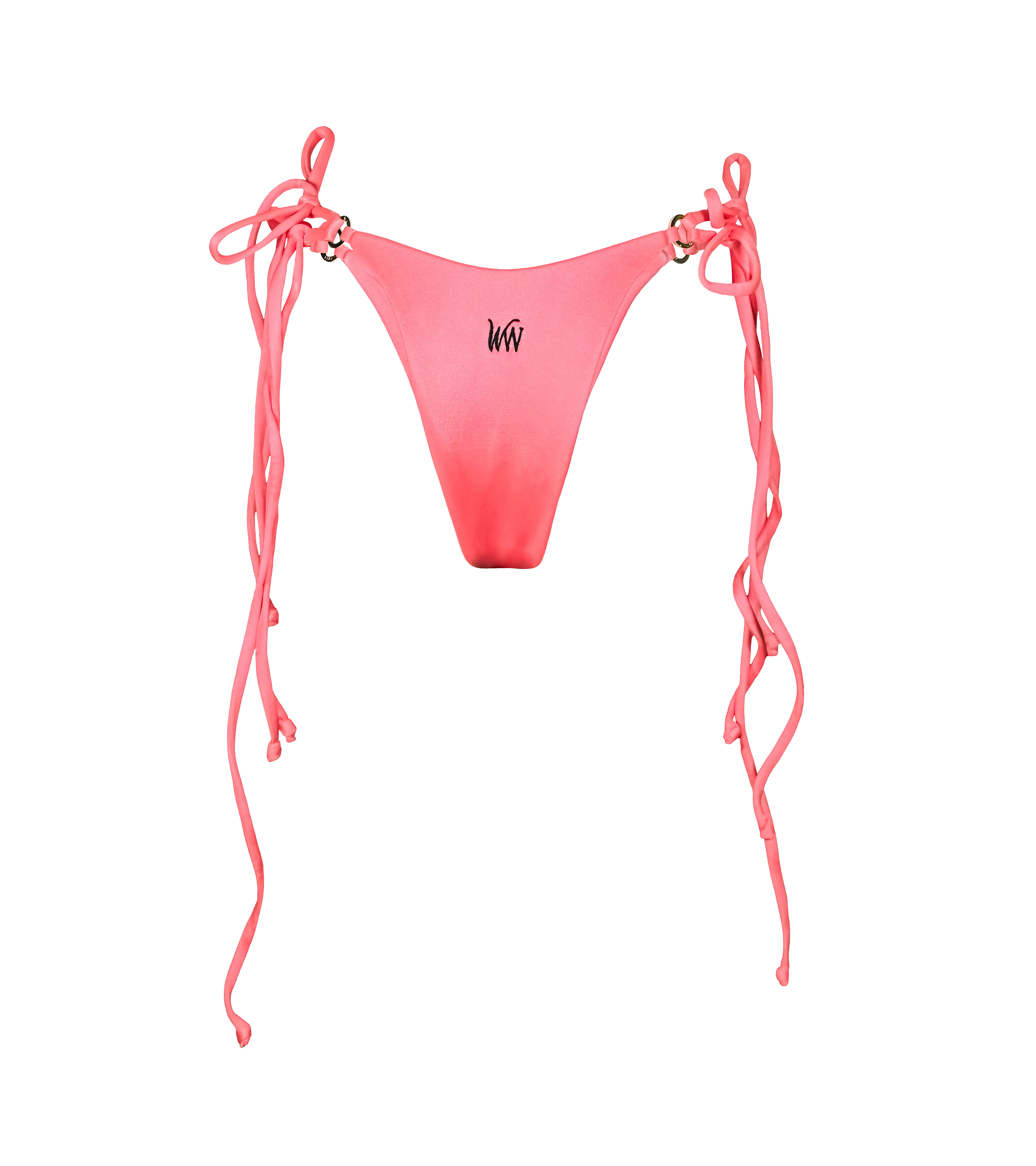 The back of a flamenco colored tie down swimwear bottoms. The bikini bottoms have double string ties with gold branded hardware rings on each side and a black WW logo in the middle.