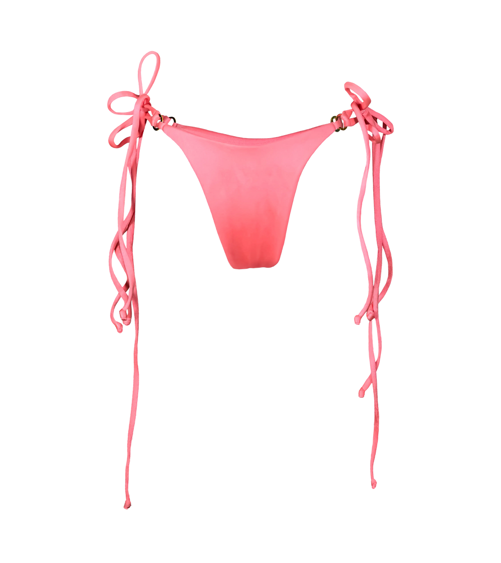 A bright flamenco colored swimwear bottoms with double string ties on each side and gold branded hardware rings. The bikini bottoms are made from a shiny fabric.