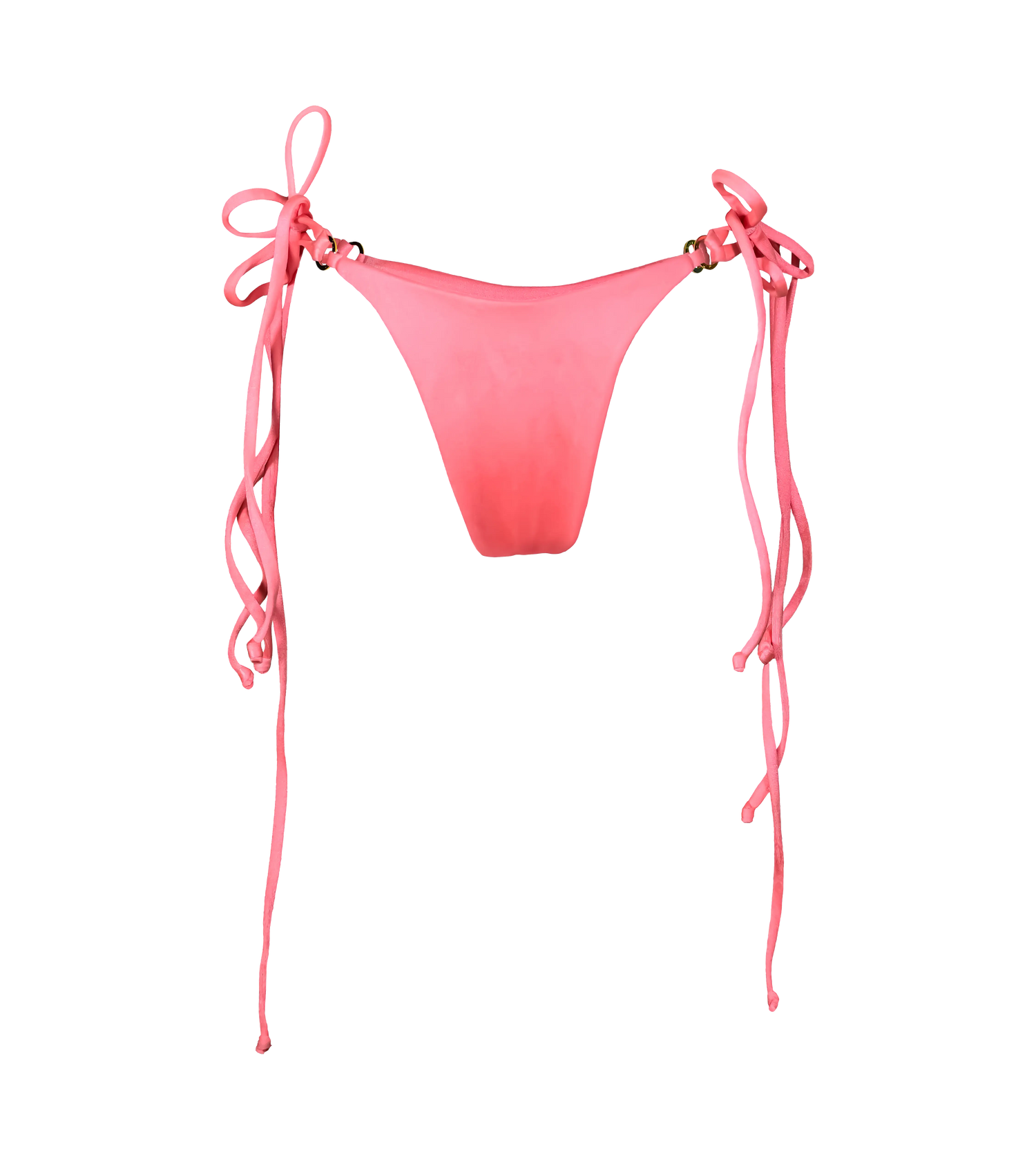 A bright flamenco colored swimwear bottoms with double string ties on each side and gold branded hardware rings. The bikini bottoms are made from a shiny fabric.